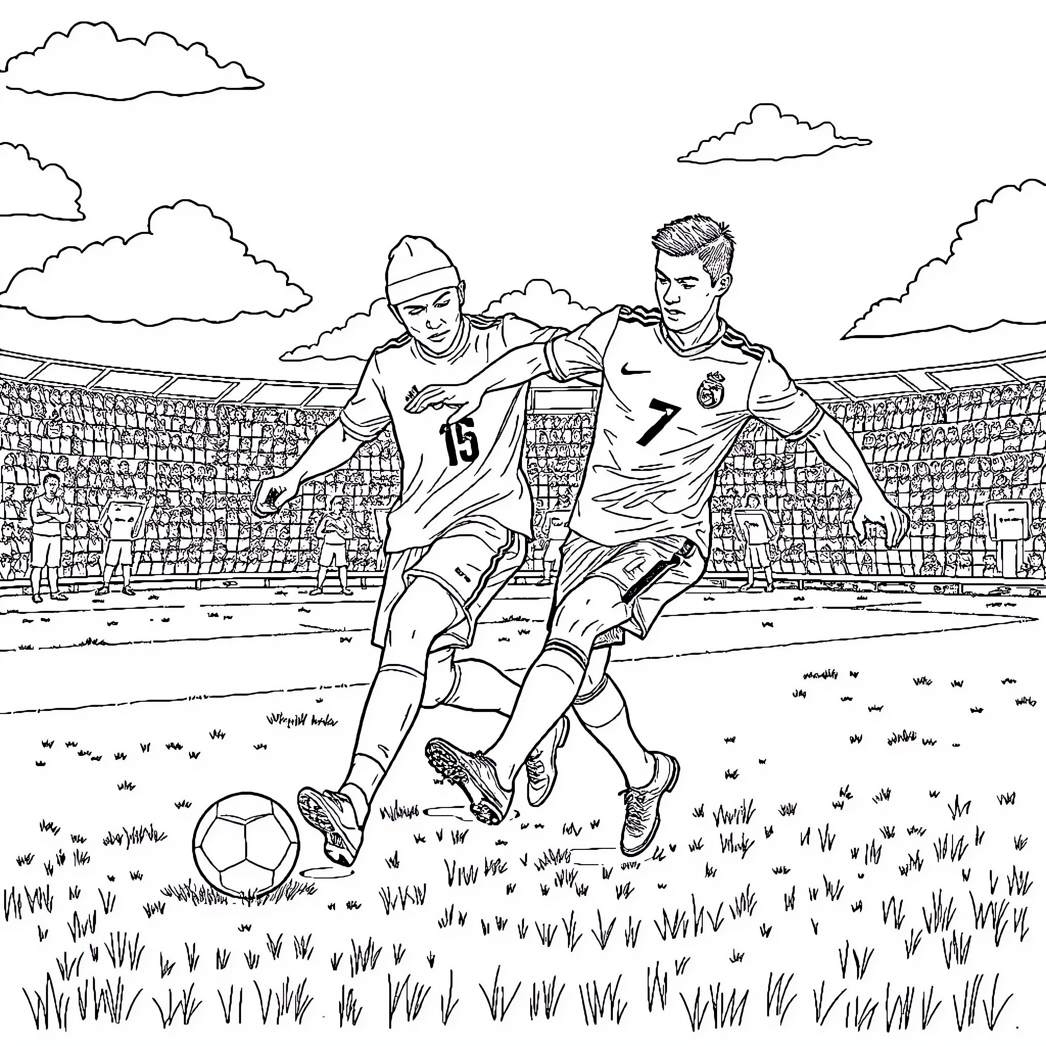 Eminem players in an intense soccer match on the field Coloring Page (free black-and-white line drawing printable PDF for all, from beginners to advanced learners, including children, teens, adults, and seniors)