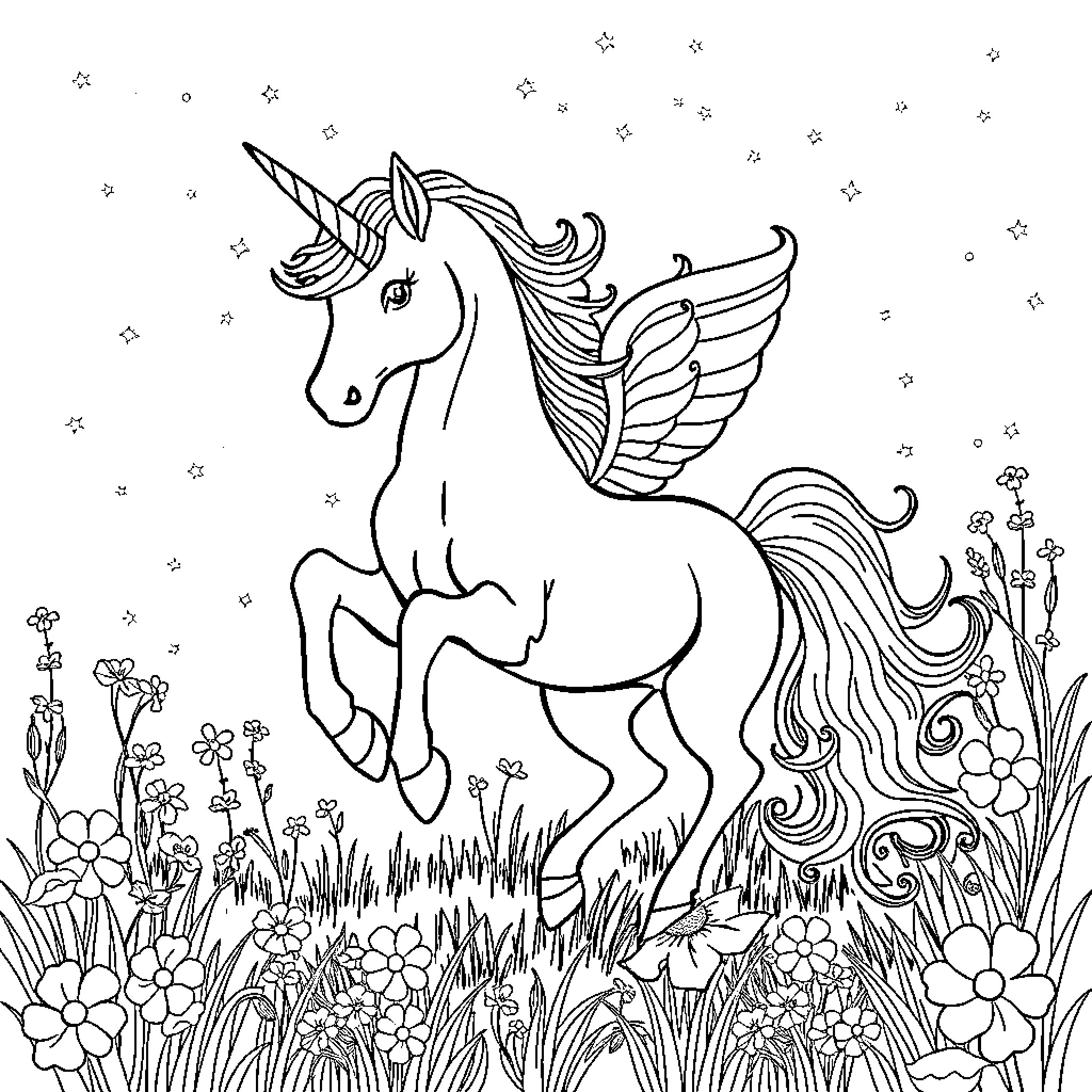 Unicorn with wings soaring through a magical meadow Coloring Page (free black-and-white line drawing printable PDF for all, from beginners to advanced learners, including children, teens, adults, and seniors)