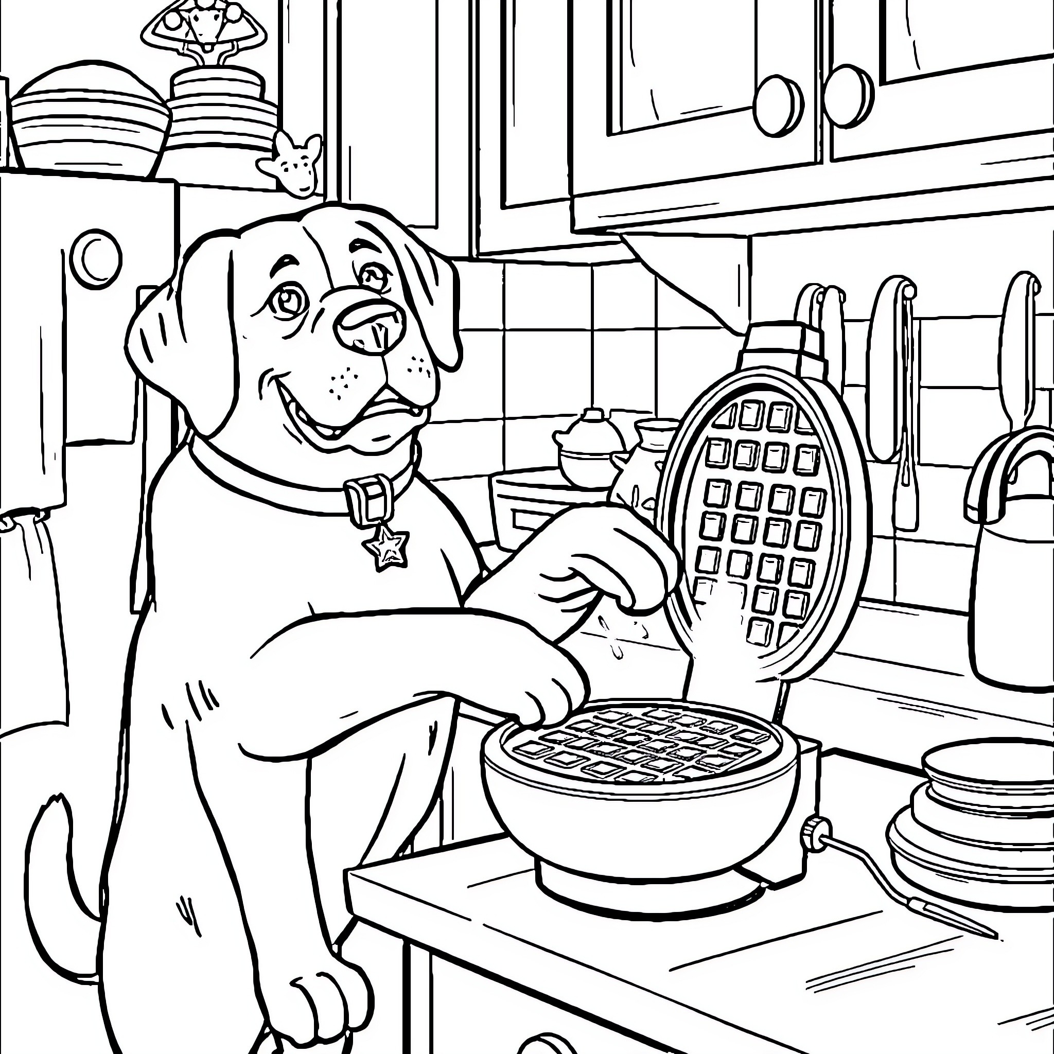 Sheriff Labrador Baking Waffles in the Kitchen Coloring Page (free black-and-white line drawing printable PDF for all, from beginners to advanced learners, including children, teens, adults, and seniors)