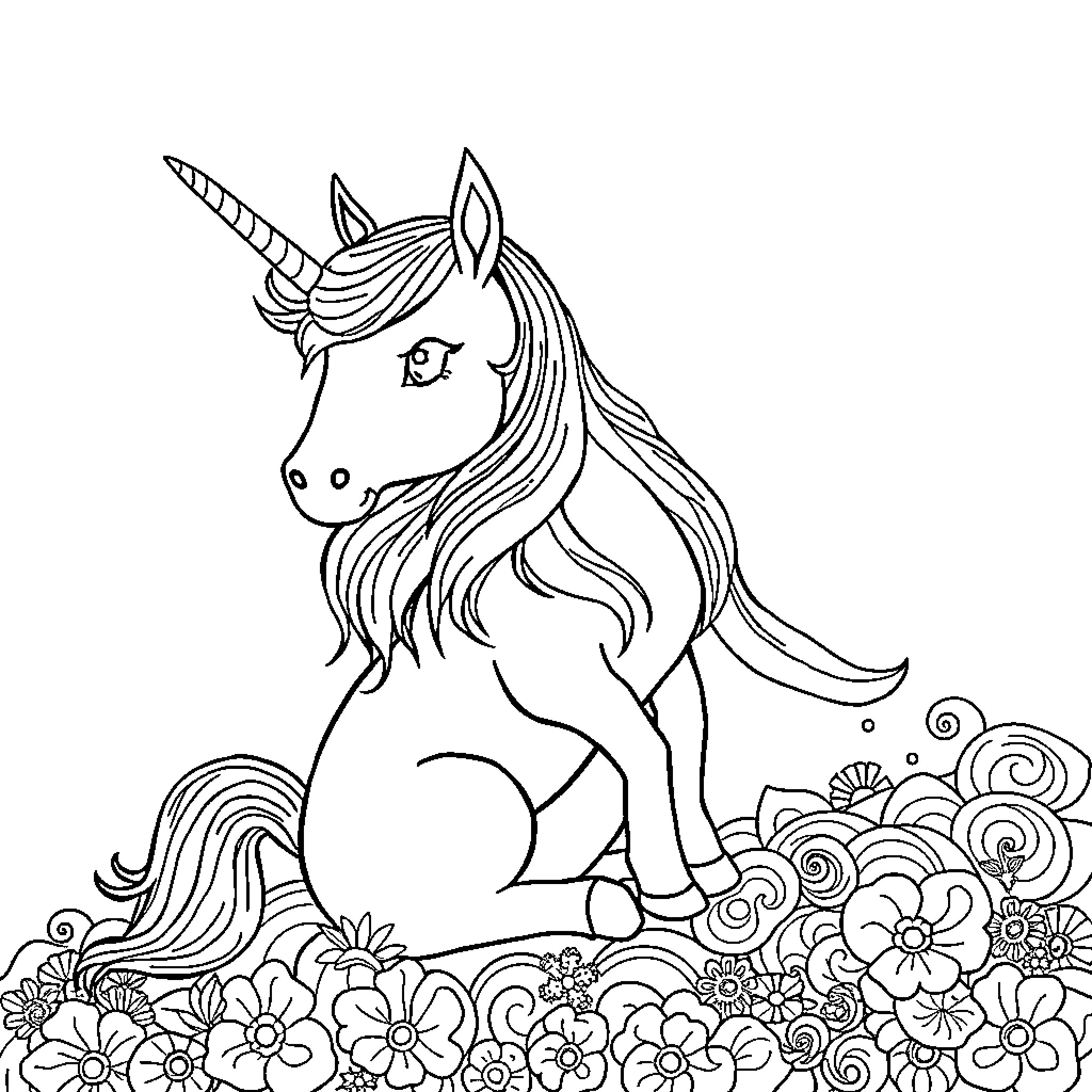 Capybara unicorn in floral meadow Coloring Page (free black-and-white line drawing printable PDF for all, from beginners to advanced learners, including children, teens, adults, and seniors)