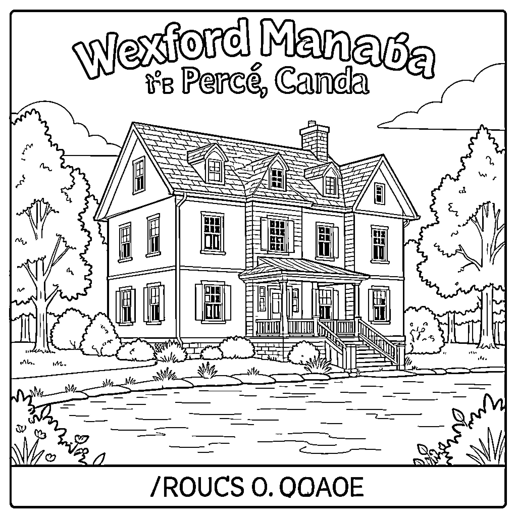 Mansion standing peacefully amidst lush trees and garden Coloring Page (free black-and-white line drawing printable PDF for all, from beginners to advanced learners, including children, teens, adults, and seniors)