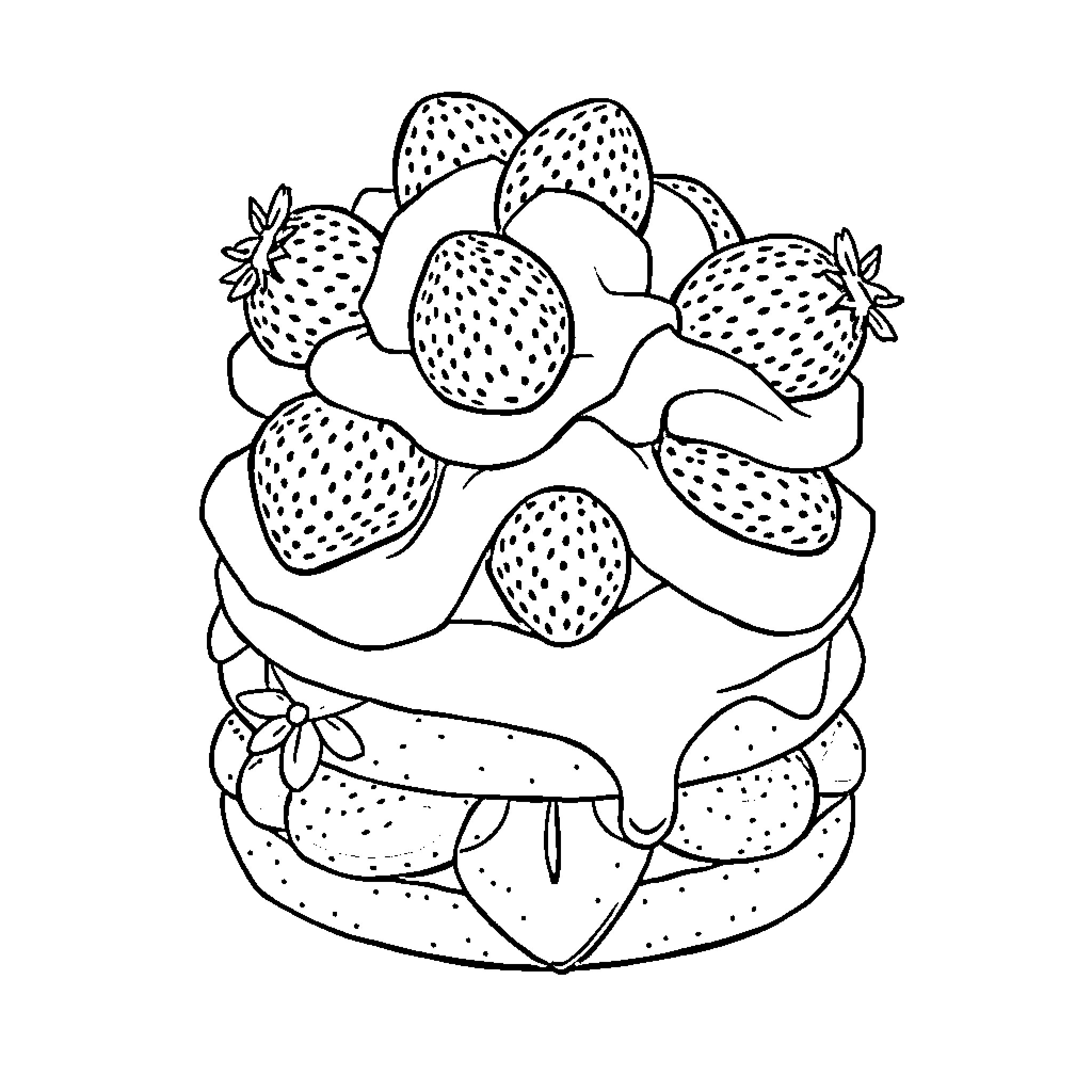 Strawberry-topped dessert with floral accents Coloring Page (free black-and-white line drawing printable PDF for all, from beginners to advanced learners, including children, teens, adults, and seniors)