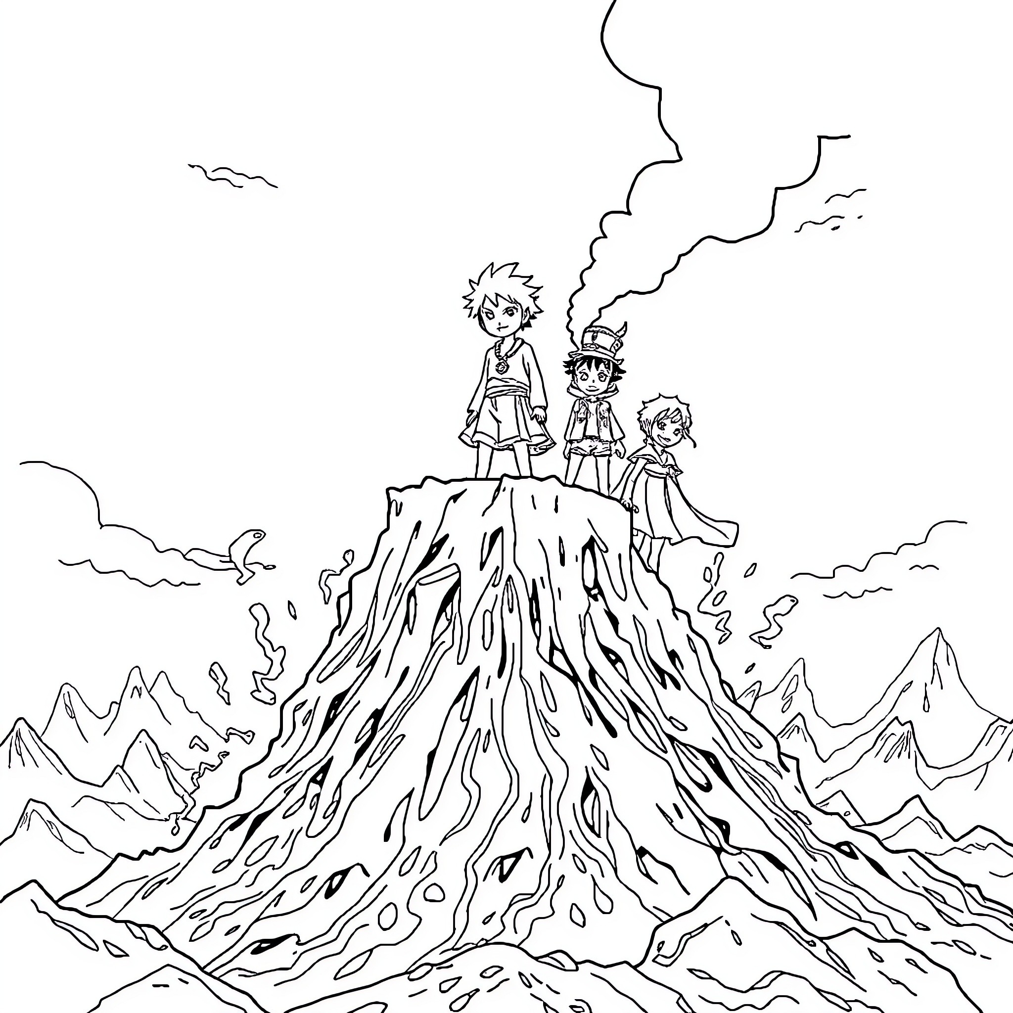Volcan eruption with adventurous explorers Coloring Page (free black-and-white line drawing printable PDF for all, from beginners to advanced learners, including children, teens, adults, and seniors)