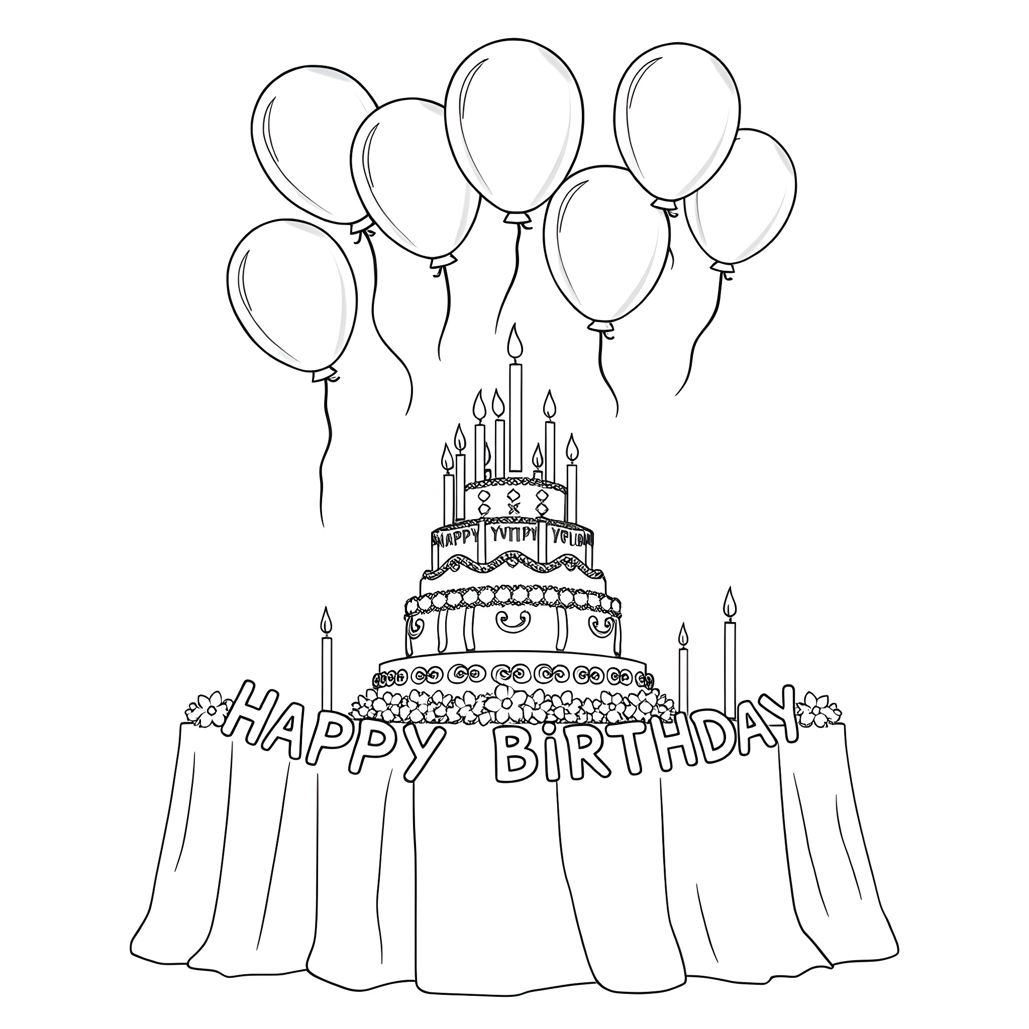 Birthday Celebration with Decorative Cake and Balloons Coloring Page (free black-and-white line drawing printable PDF for all, from beginners to advanced learners, including children, teens, adults, and seniors)