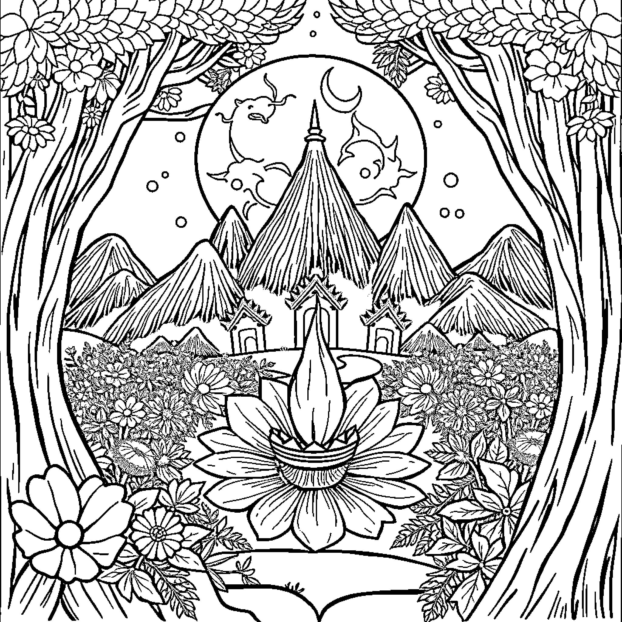 Letter B: Whimsical Mountain Landscape with Flowers Coloring Page (free black-and-white line drawing printable PDF for all, from beginners to advanced learners, including children, teens, adults, and seniors)