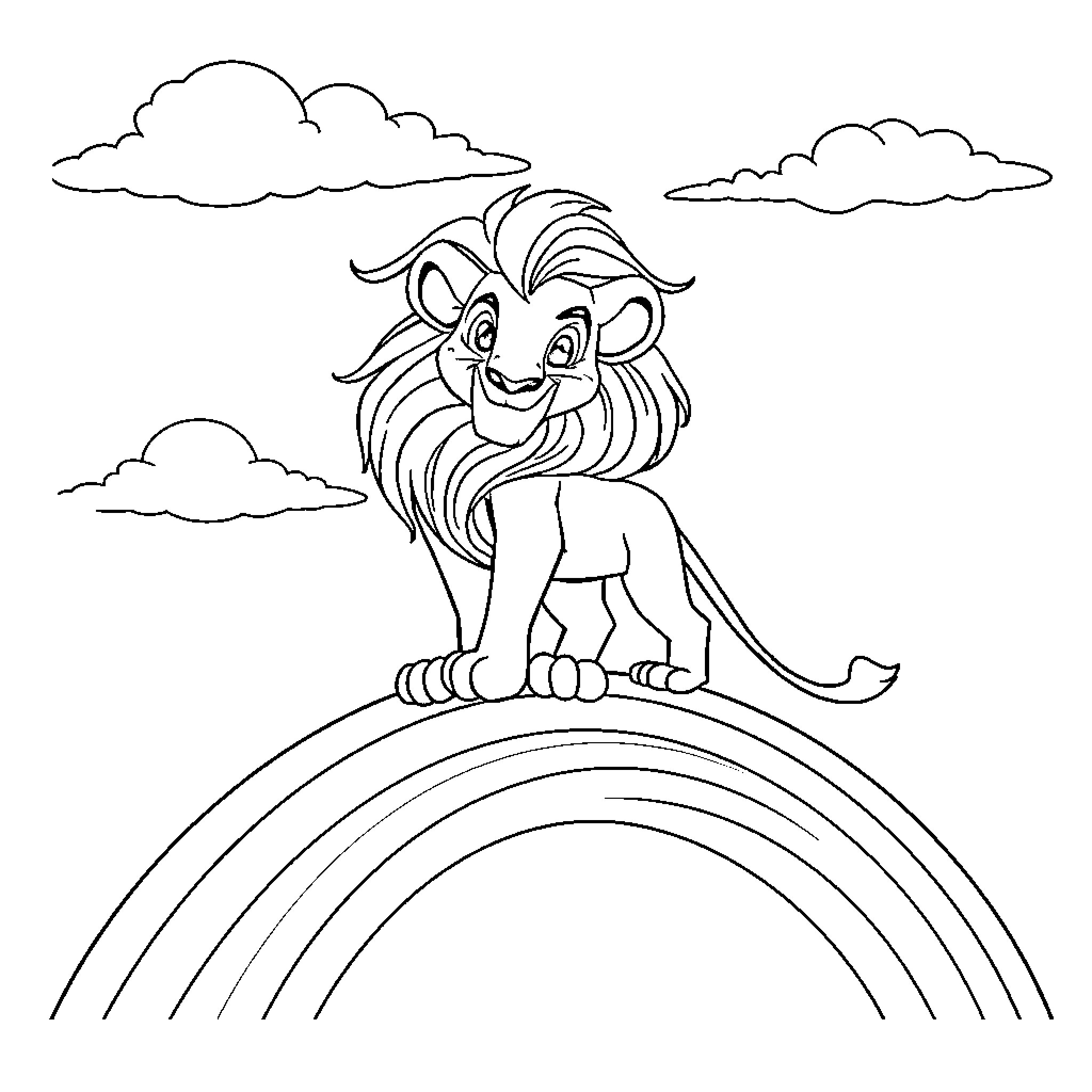 Simba sitting on a rainbow with clouds Coloring Page (free black-and-white line drawing printable PDF for all, from beginners to advanced learners, including children, teens, adults, and seniors)