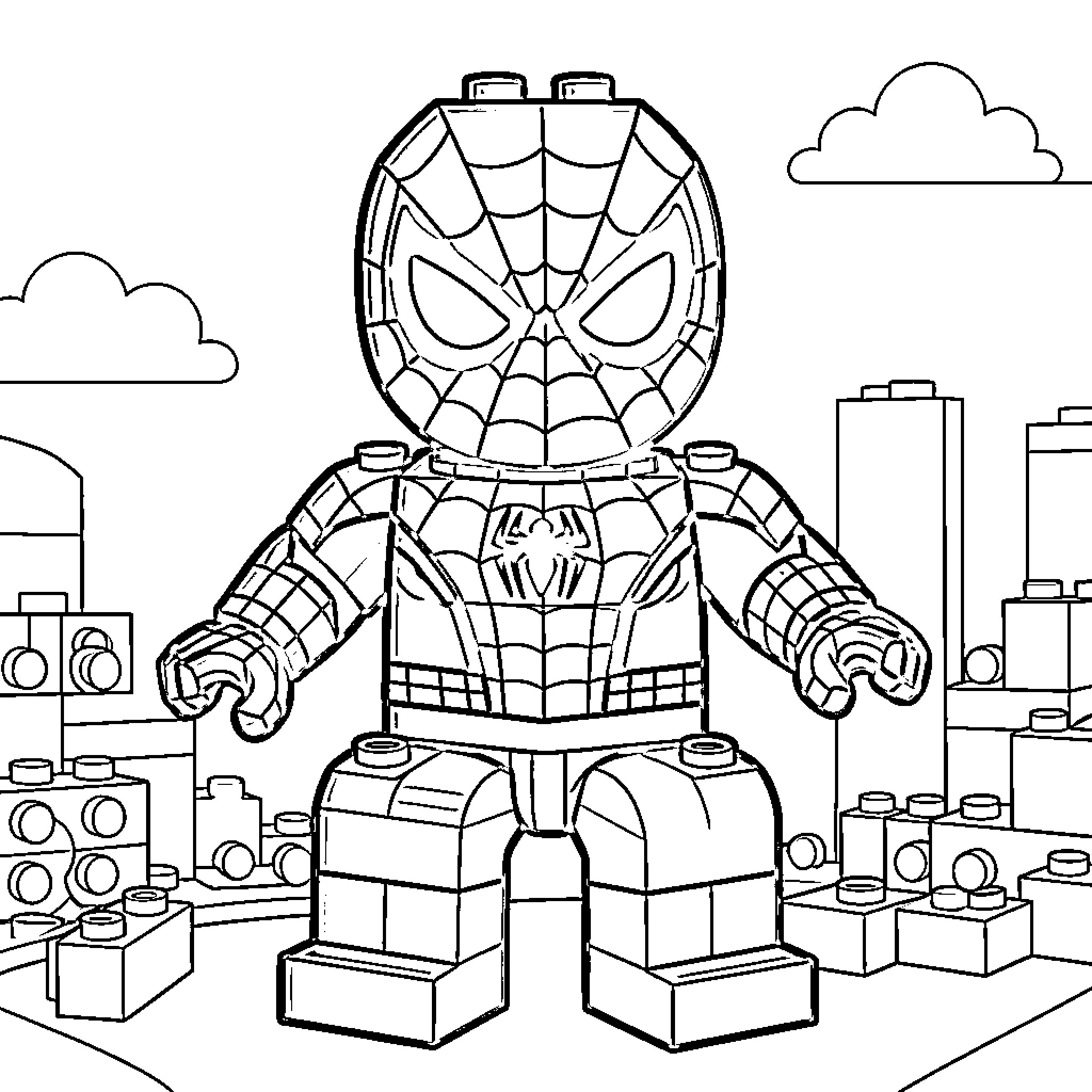 Spiderman Lego figure in heroic pose Coloring Page (free black-and-white line drawing printable PDF for all, from beginners to advanced learners, including children, teens, adults, and seniors)