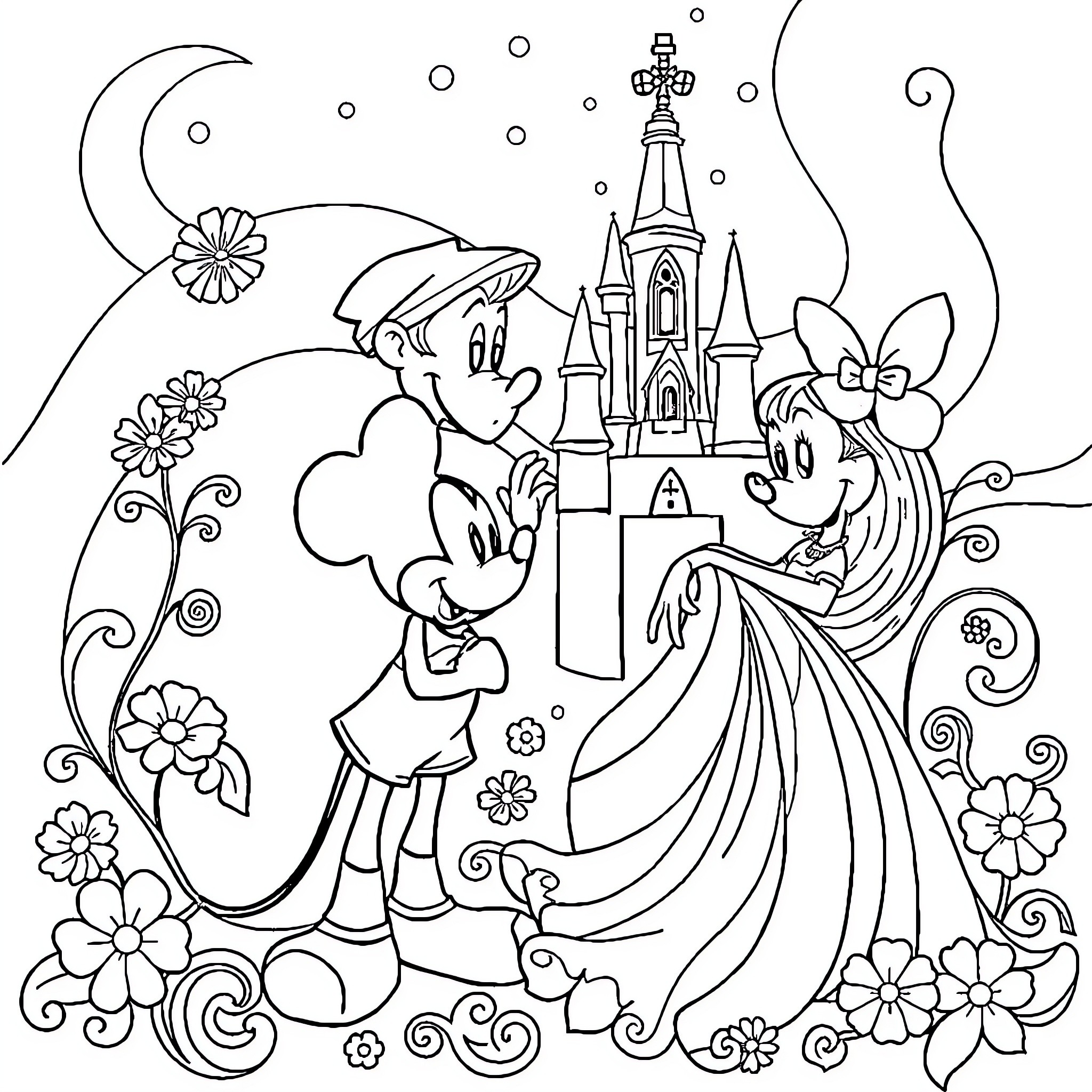 Disney characters in a whimsical, floral scene Coloring Page (free black-and-white line drawing printable PDF for all, from beginners to advanced learners, including children, teens, adults, and seniors)
