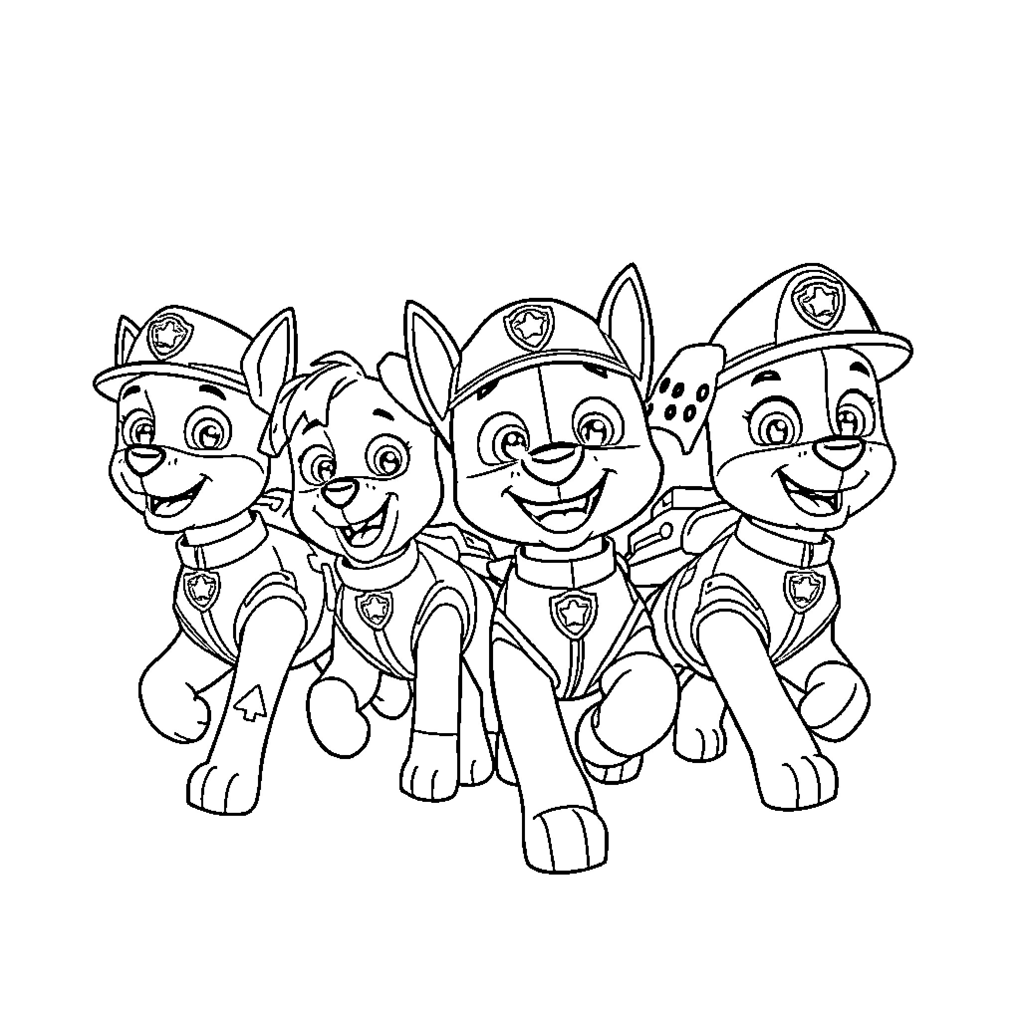 Paw Patrol Team on Adventure Coloring Page (free black-and-white line drawing printable PDF for all, from beginners to advanced learners, including children, teens, adults, and seniors)