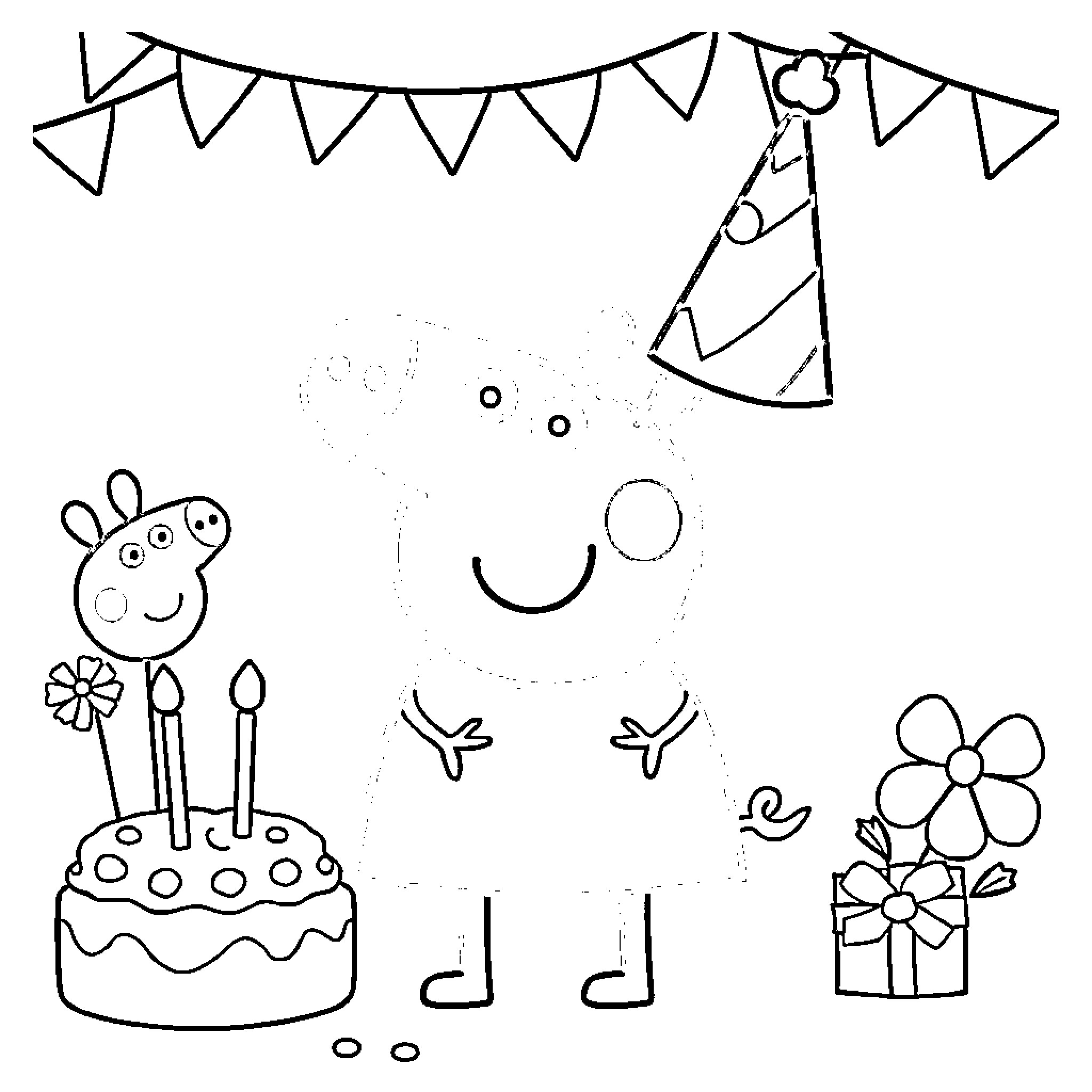 Peppa Pig's Birthday Party with Decorations Coloring Page (free black-and-white line drawing printable PDF for all, from beginners to advanced learners, including children, teens, adults, and seniors)