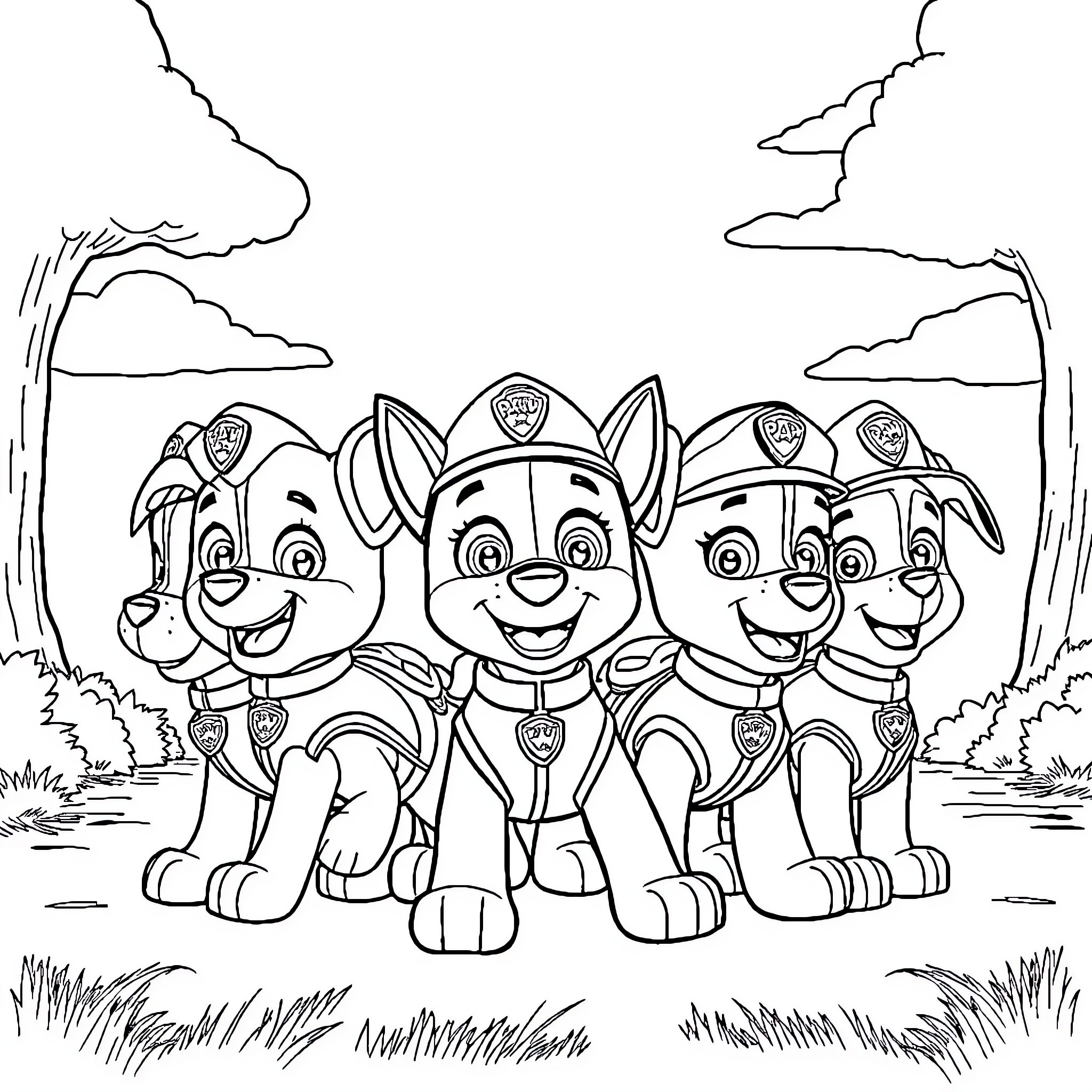 Paw Patrol Team Gathered in Outdoor Scene Coloring Page (free black-and-white line drawing printable PDF for all, from beginners to advanced learners, including children, teens, adults, and seniors)