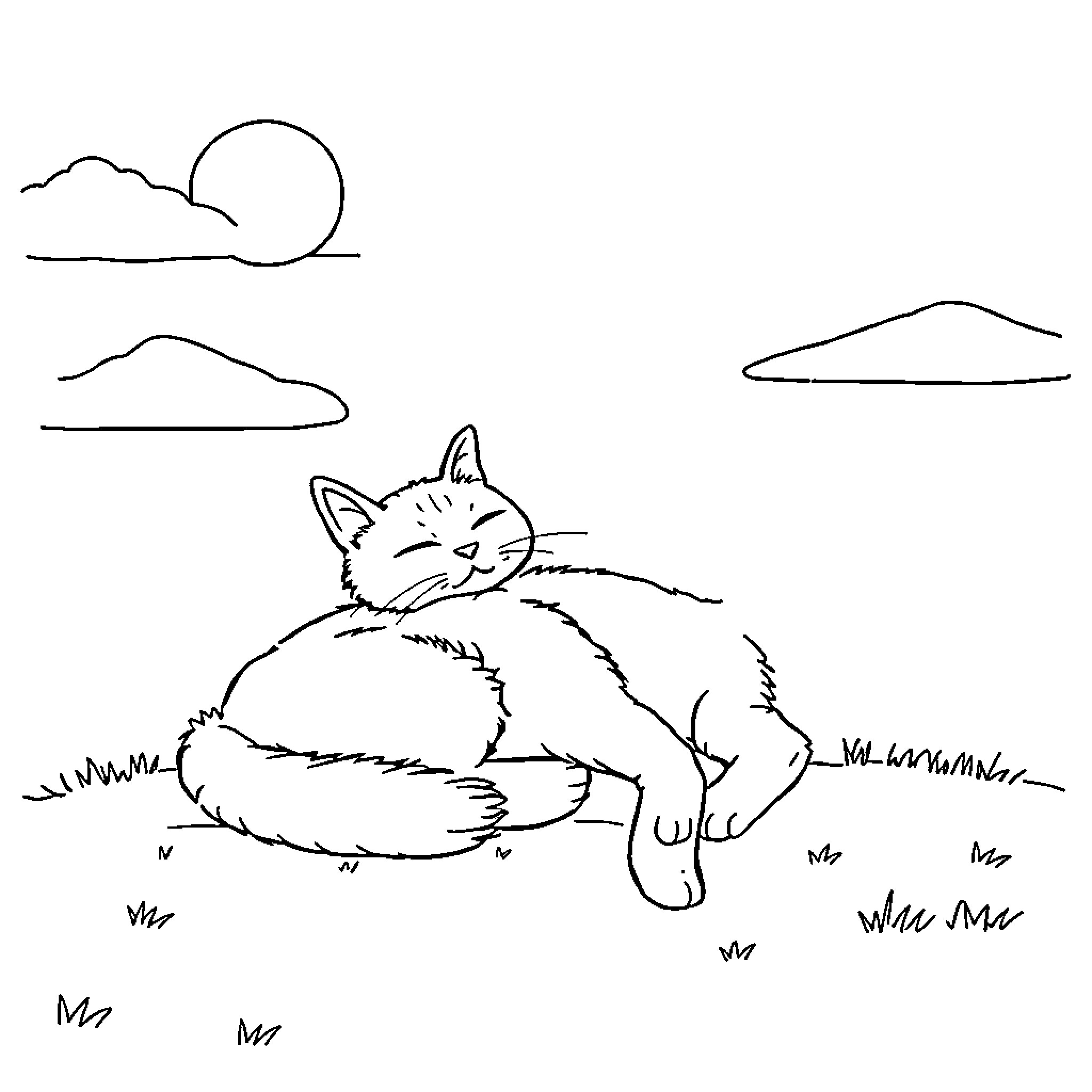 Cat resting peacefully in scenic landscape Coloring Page (free black-and-white line drawing printable PDF for all, from beginners to advanced learners, including children, teens, adults, and seniors)