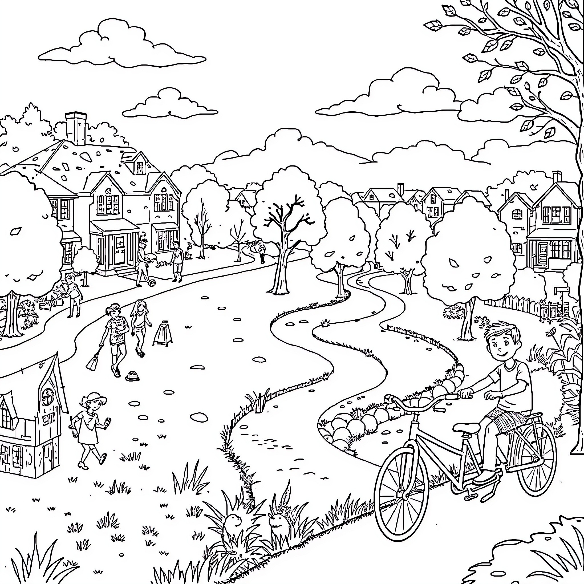 Neighborhood with people strolling and biking on a path Coloring Page (free black-and-white line drawing printable PDF for all, from beginners to advanced learners, including children, teens, adults, and seniors)