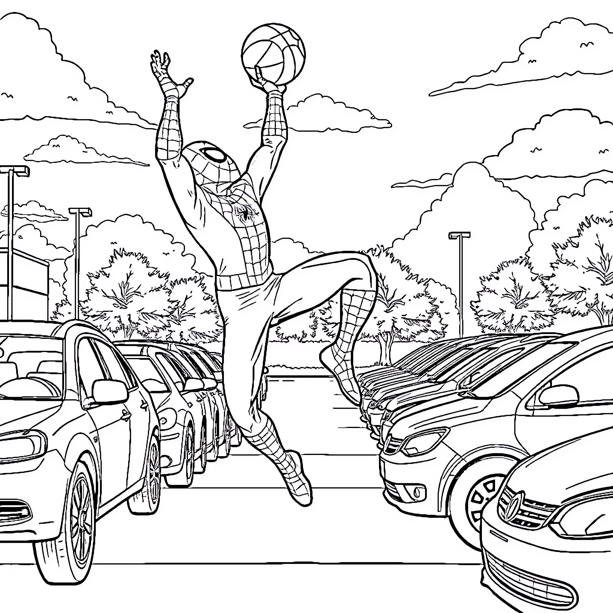 Spiderman swinging joyfully with a basketball Coloring Page (free black-and-white line drawing printable PDF for all, from beginners to advanced learners, including children, teens, adults, and seniors)