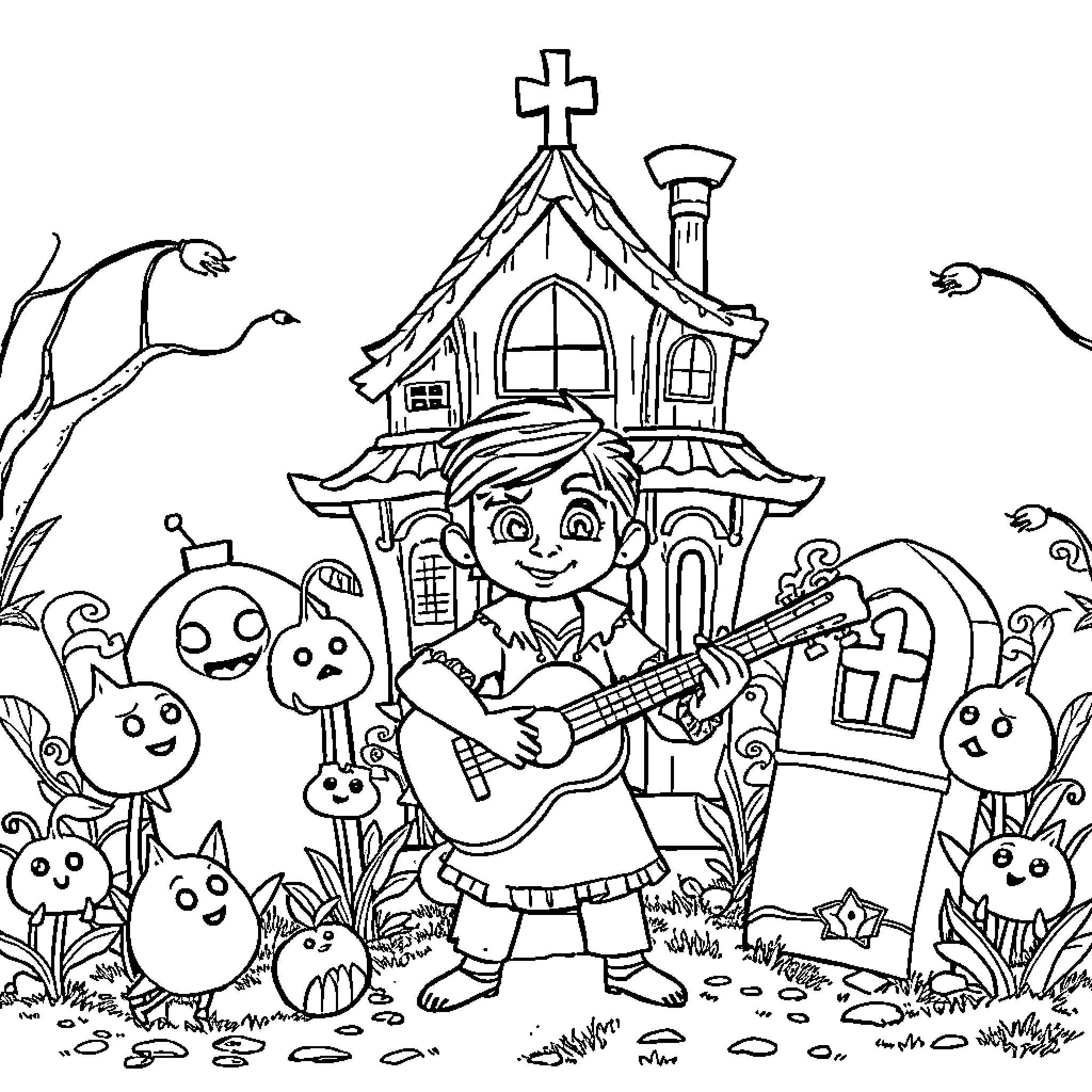 Coco playing guitar outside haunted house Coloring Page (free black-and-white line drawing printable PDF for all, from beginners to advanced learners, including children, teens, adults, and seniors)