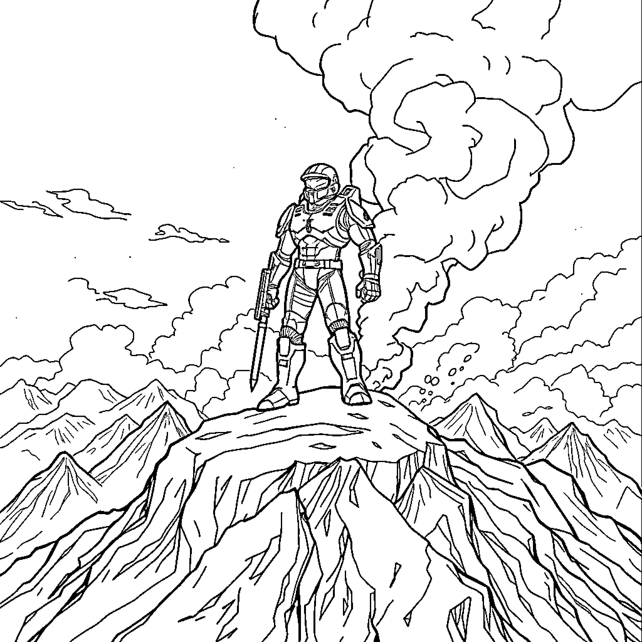 Master Chief stands tall on a rugged mountain Coloring Page (free black-and-white line drawing printable PDF for all, from beginners to advanced learners, including children, teens, adults, and seniors)