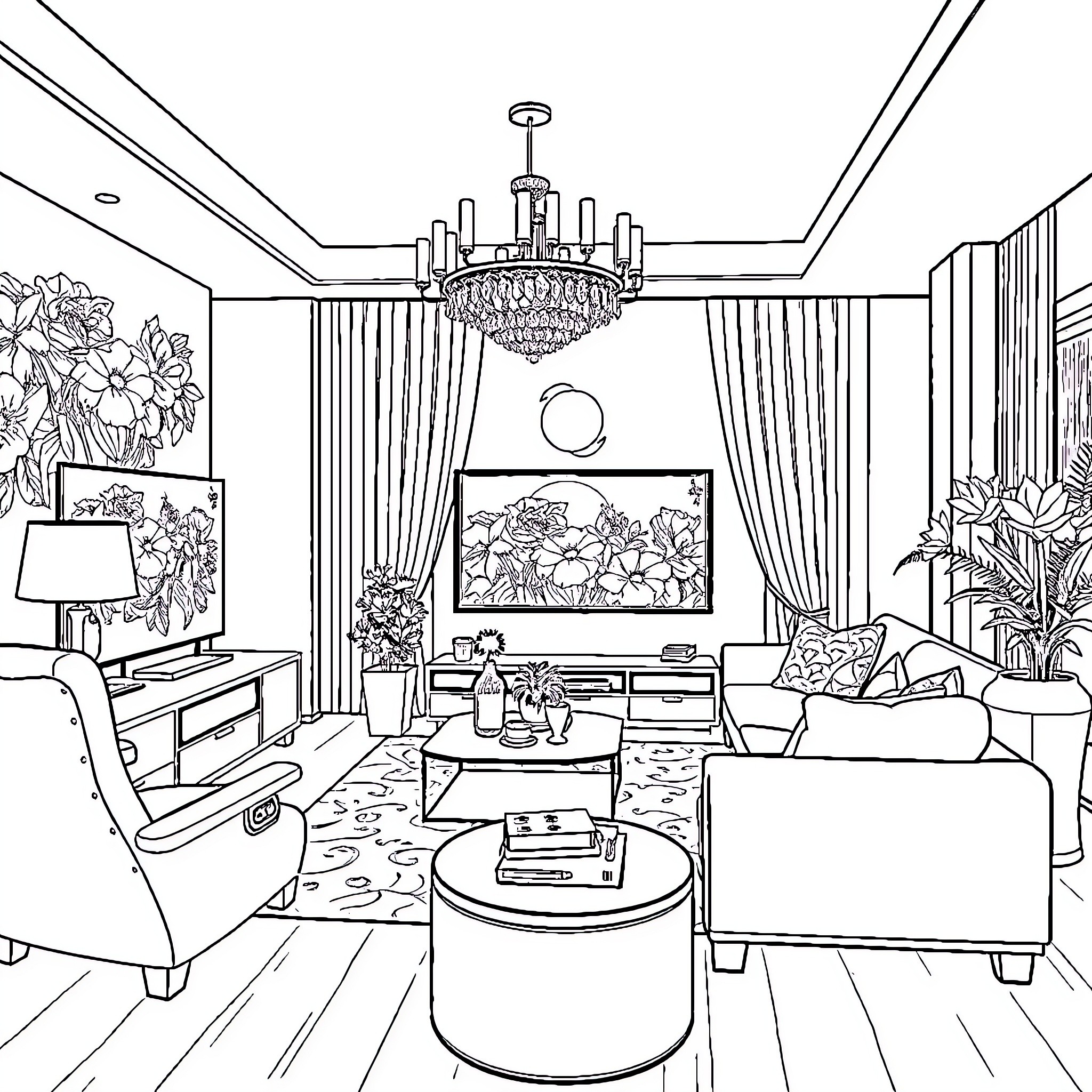 TV Cozy Living Room with Floral Decor Coloring Page (free black-and-white line drawing printable PDF for all, from beginners to advanced learners, including children, teens, adults, and seniors)