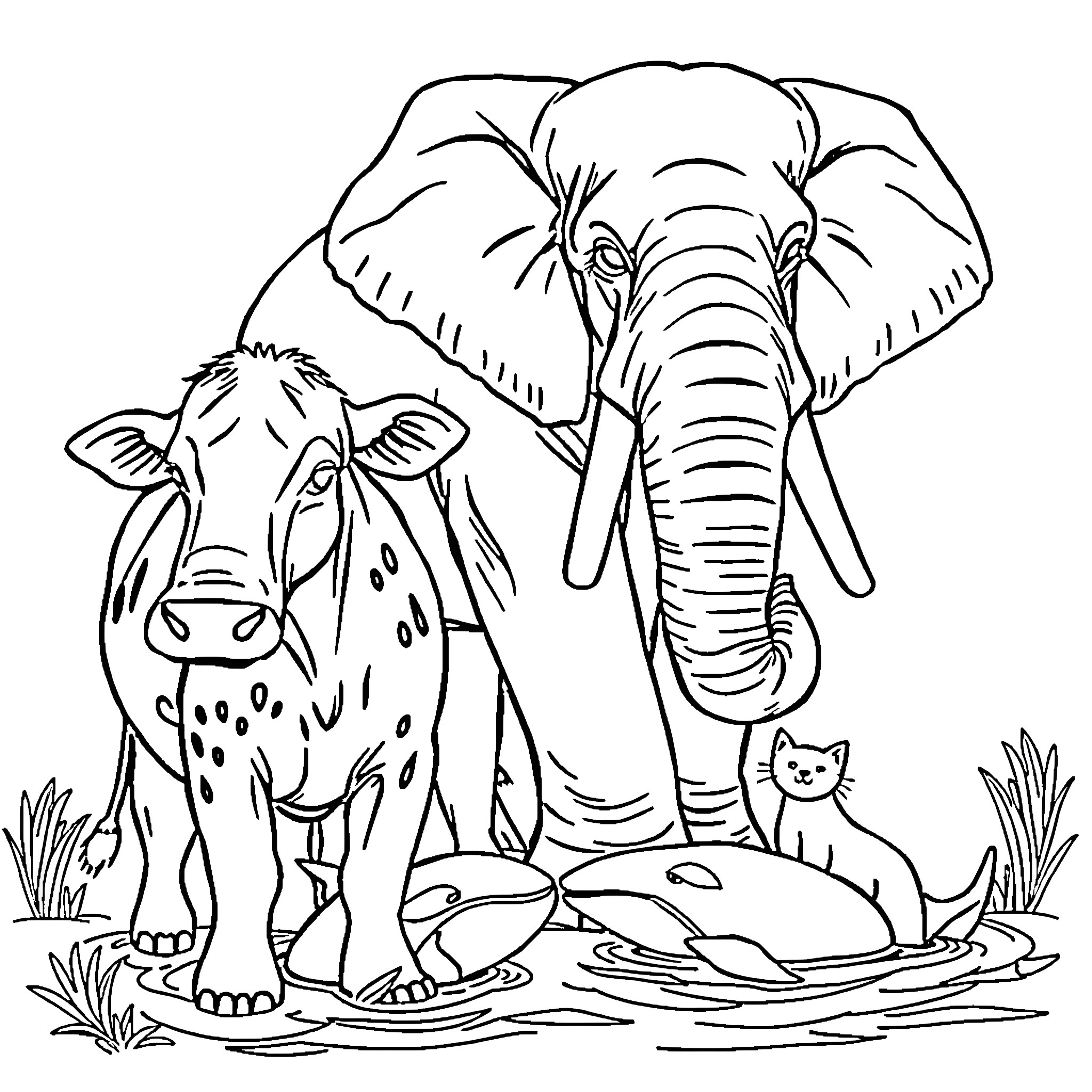 Animal Gathering in the Jungle Coloring Page (free black-and-white line drawing printable PDF for all, from beginners to advanced learners, including children, teens, adults, and seniors)