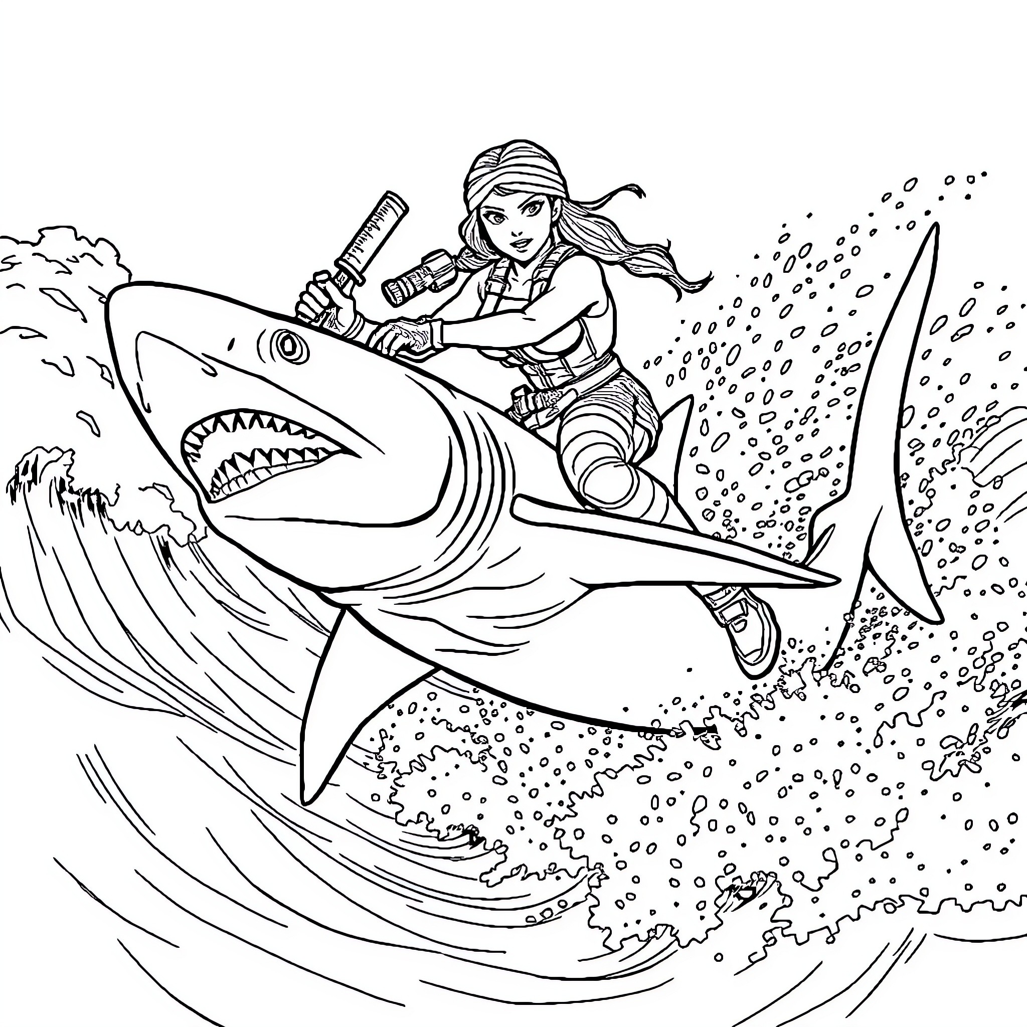 Tomb Raider's Daring Shark Encounter Coloring Page (free black-and-white line drawing printable PDF for all, from beginners to advanced learners, including children, teens, adults, and seniors)