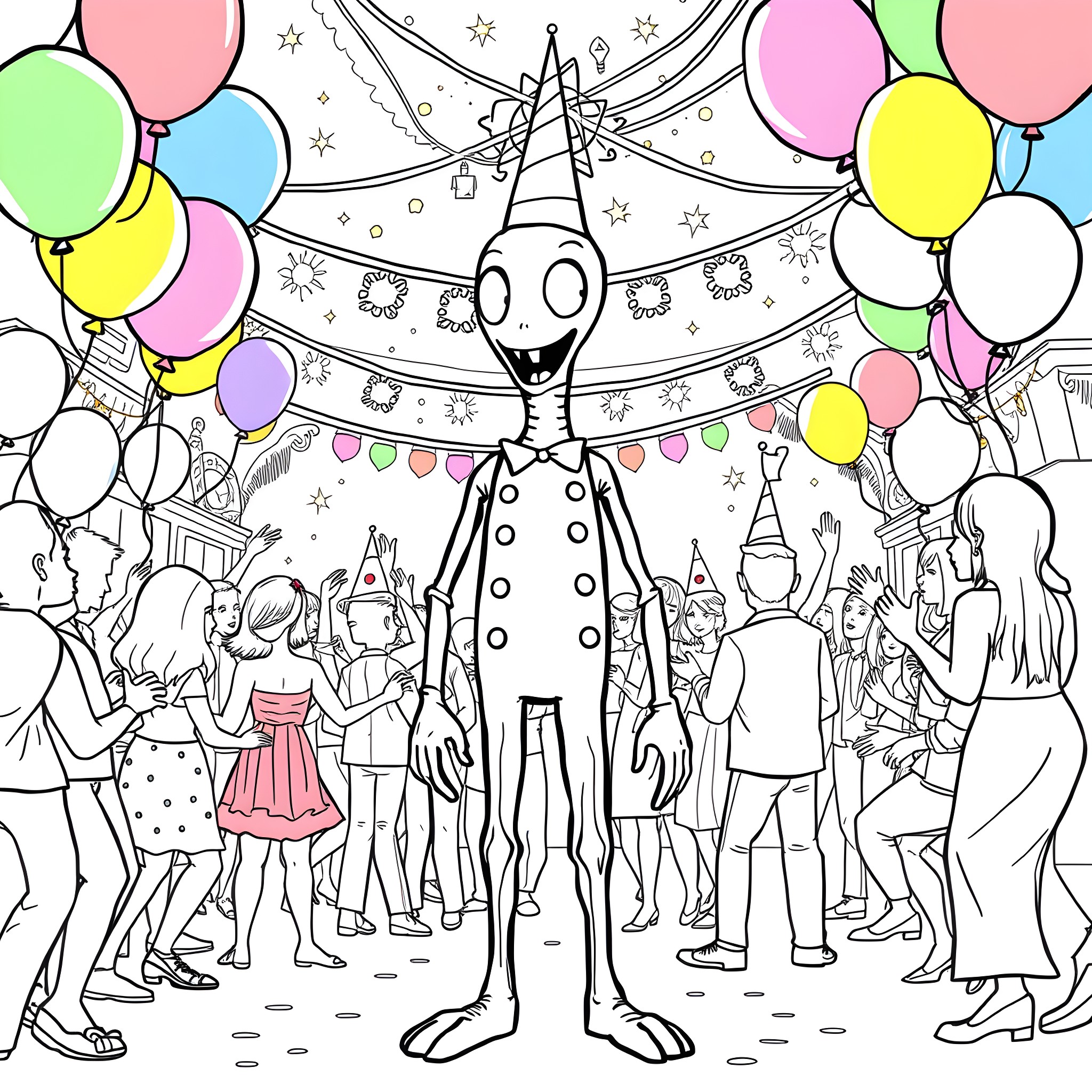 Enderman at a festive celebration with balloons Coloring Page (free black-and-white line drawing printable PDF for all, from beginners to advanced learners, including children, teens, adults, and seniors)