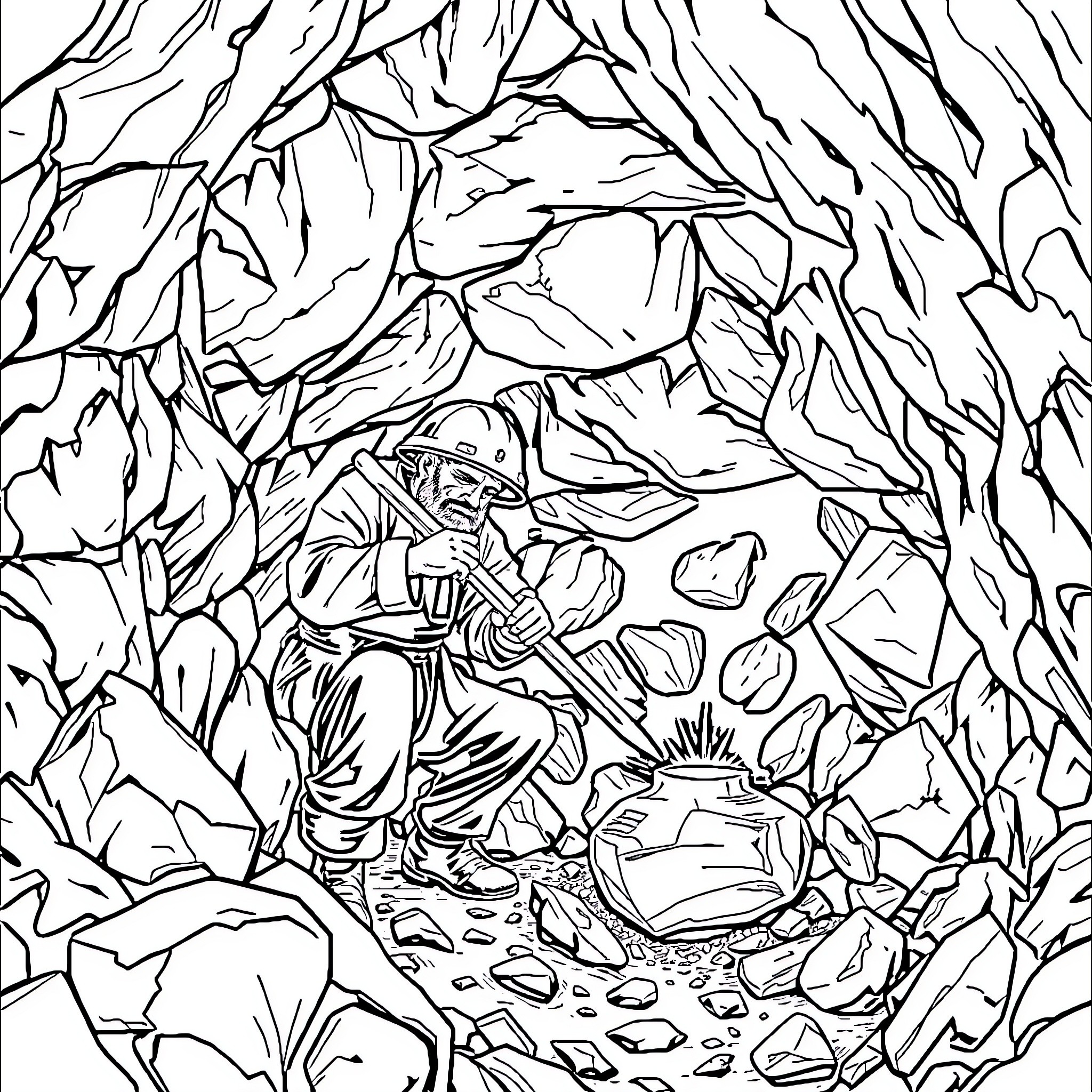 Dwarf Miner Exploring Rugged Cave Terrain Coloring Page (free black-and-white line drawing printable PDF for all, from beginners to advanced learners, including children, teens, adults, and seniors)