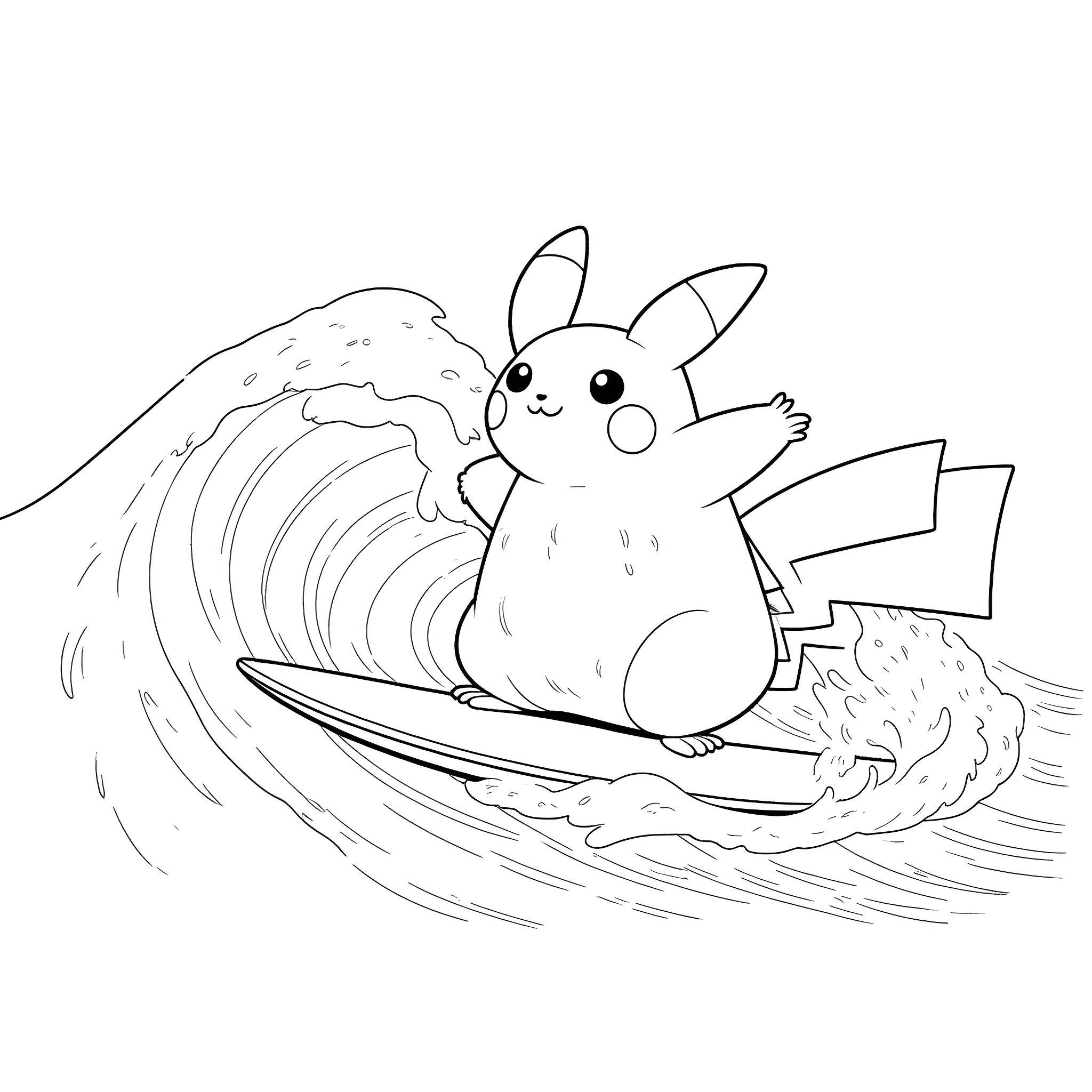 Pikachu surfing on a giant wave Coloring Page (free black-and-white line drawing printable PDF for all, from beginners to advanced learners, including children, teens, adults, and seniors)