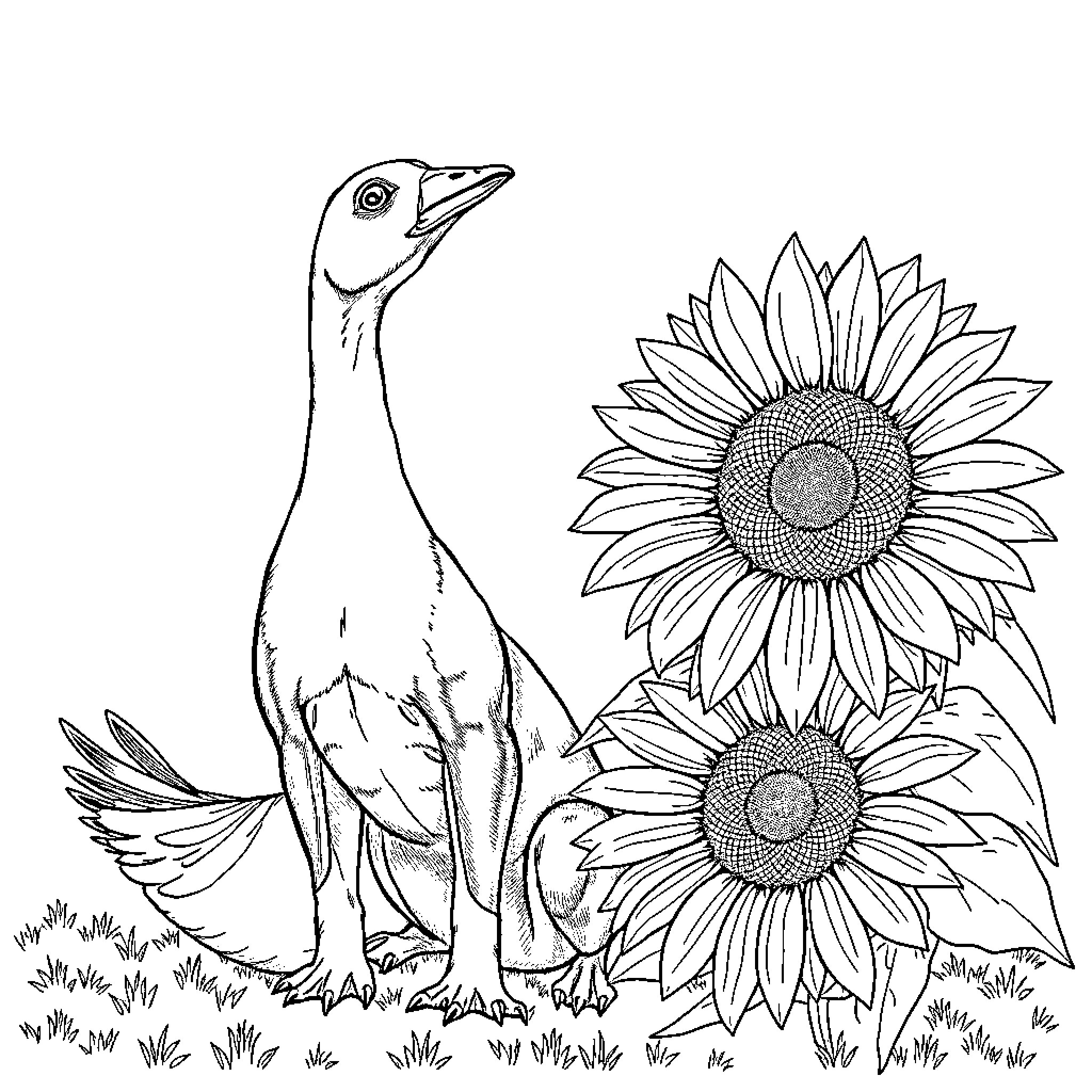 Goose among sunflowers in nature Coloring Page (free black-and-white line drawing printable PDF for all, from beginners to advanced learners, including children, teens, adults, and seniors)