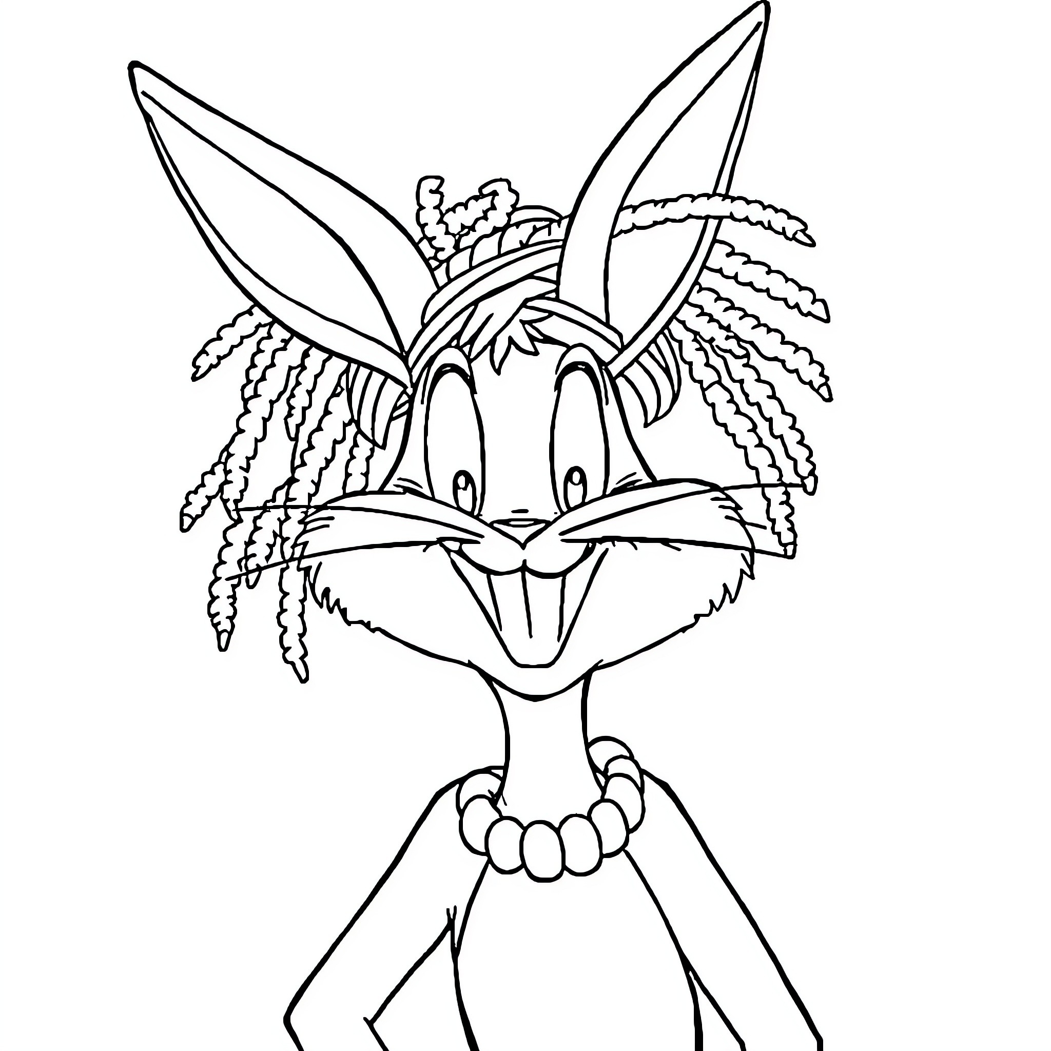 Bugs Bunny with Silly Hairstyle and Funny Expression Coloring Page (free black-and-white line drawing printable PDF for all, from beginners to advanced learners, including children, teens, adults, and seniors)