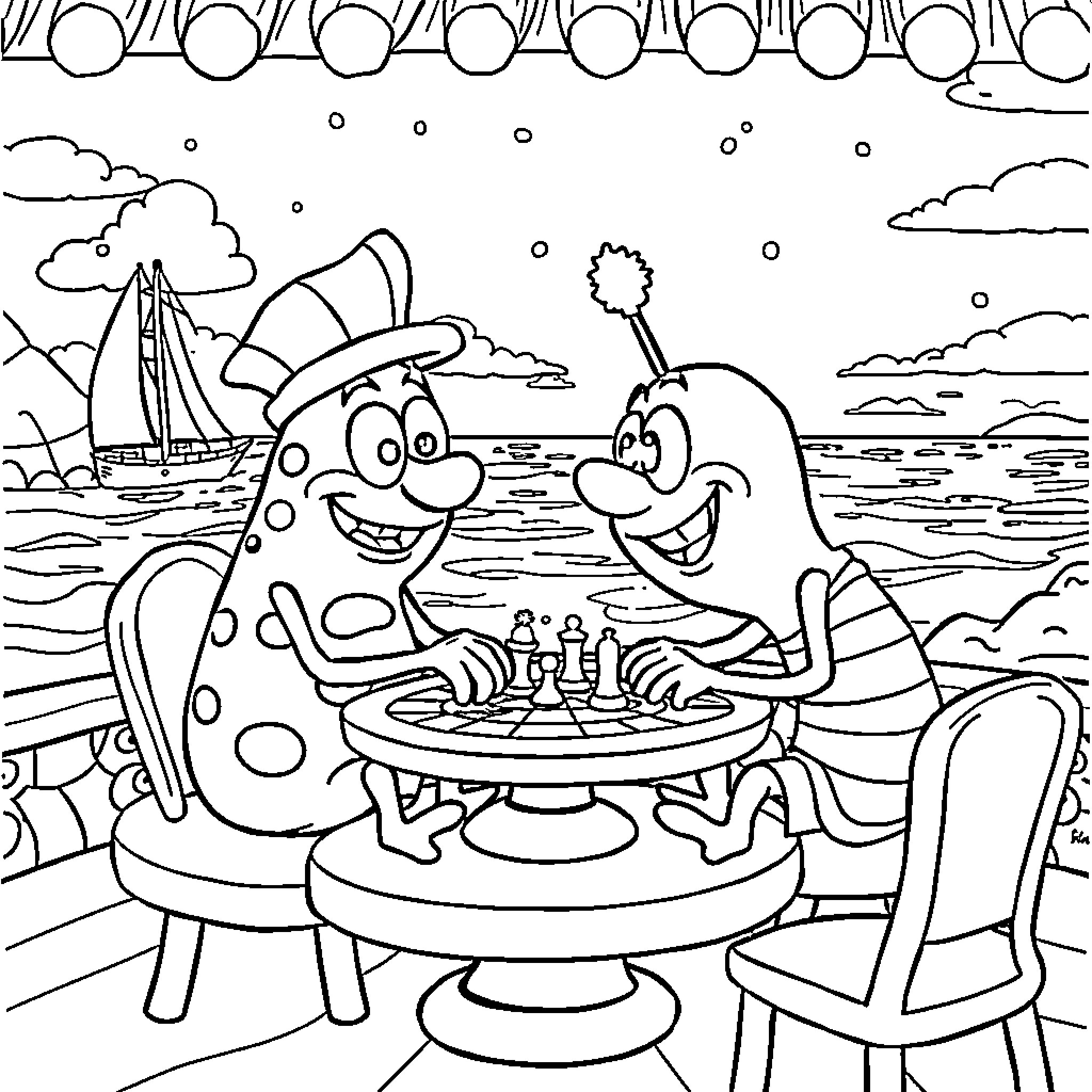 Bob esponja playing chess with his friends by the sea Coloring Page (free black-and-white line drawing printable PDF for all, from beginners to advanced learners, including children, teens, adults, and seniors)