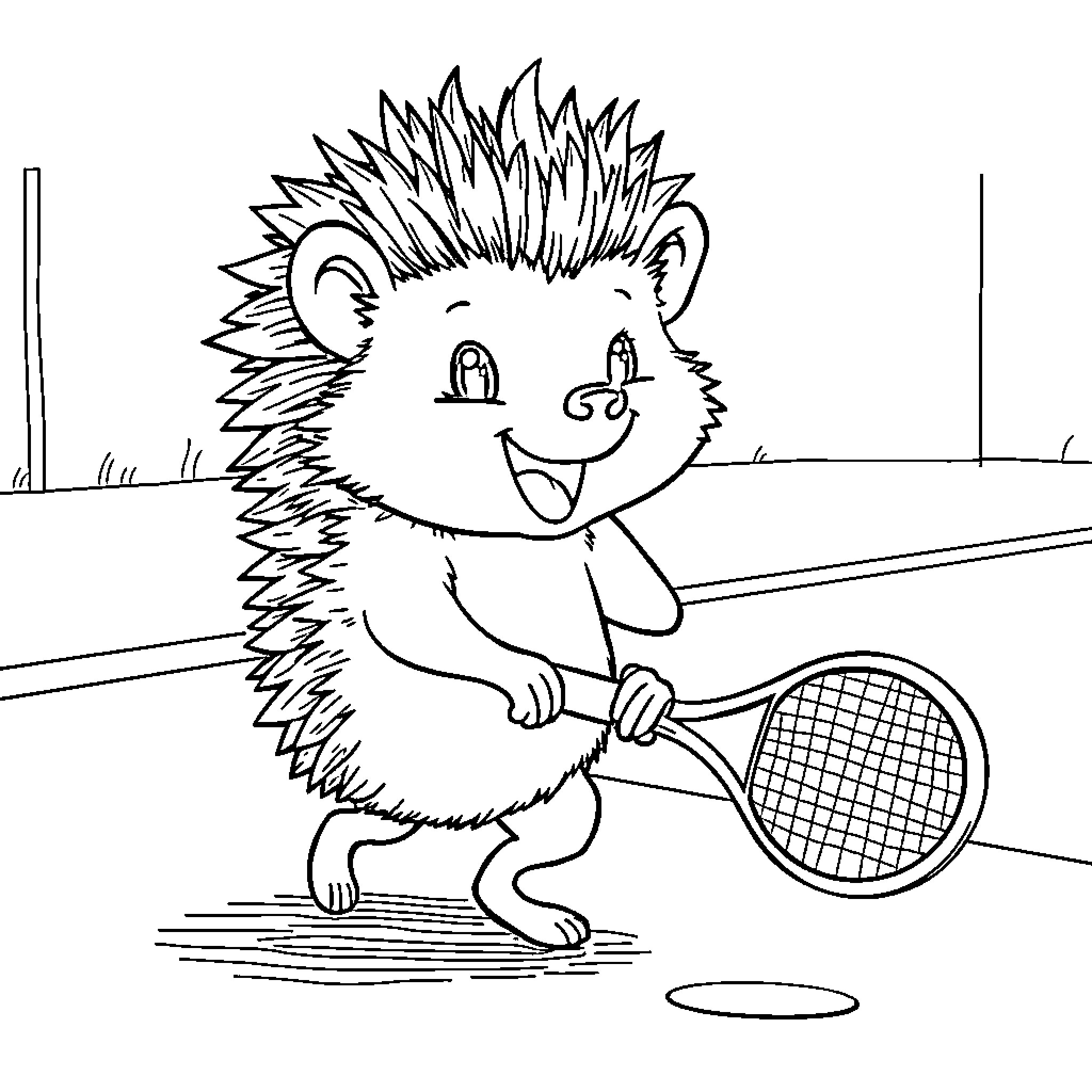 Hedgehog enjoying a game of tennis Coloring Page (free black-and-white line drawing printable PDF for all, from beginners to advanced learners, including children, teens, adults, and seniors)