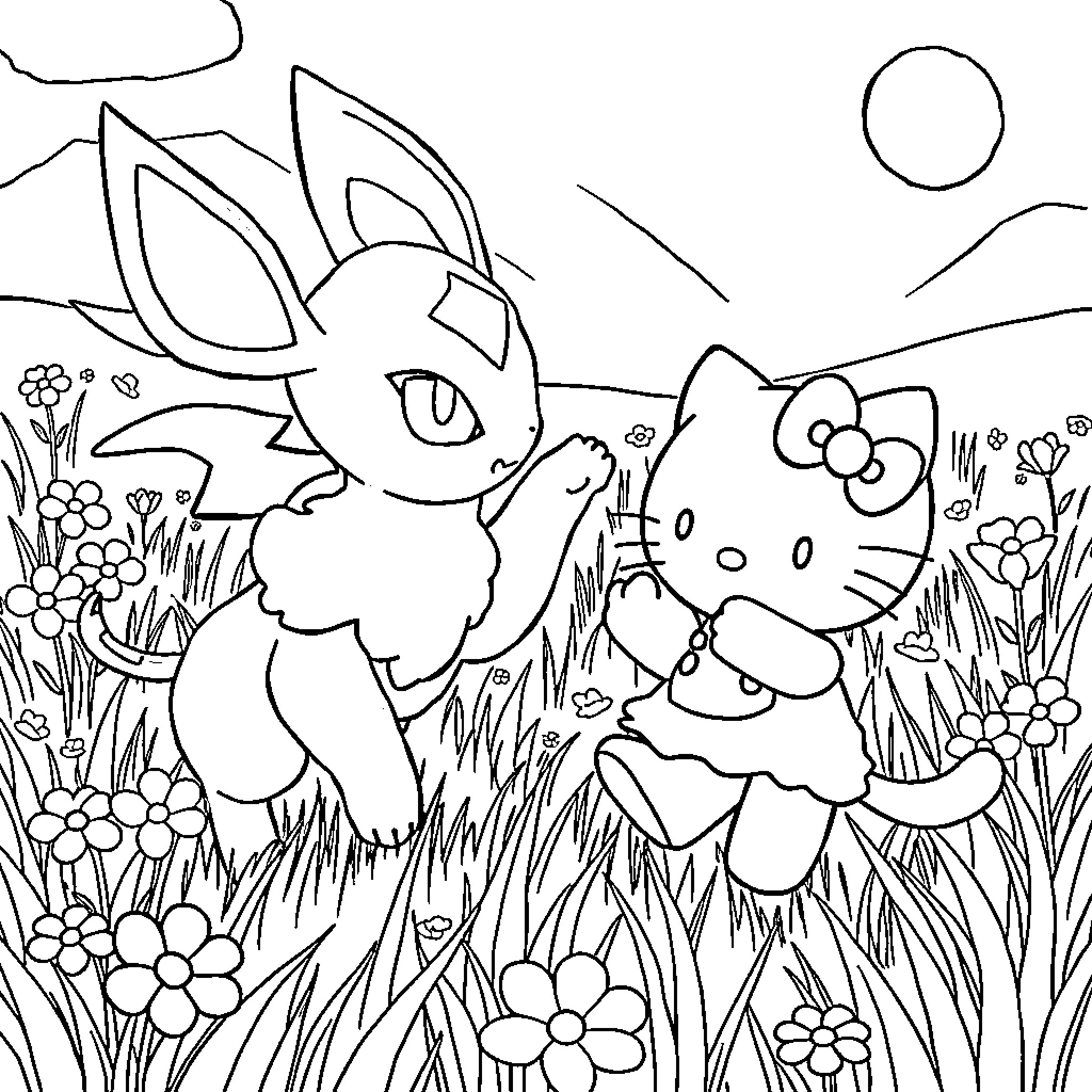 Umbreon and friends in a lush floral field Coloring Page (free black-and-white line drawing printable PDF for all, from beginners to advanced learners, including children, teens, adults, and seniors)
