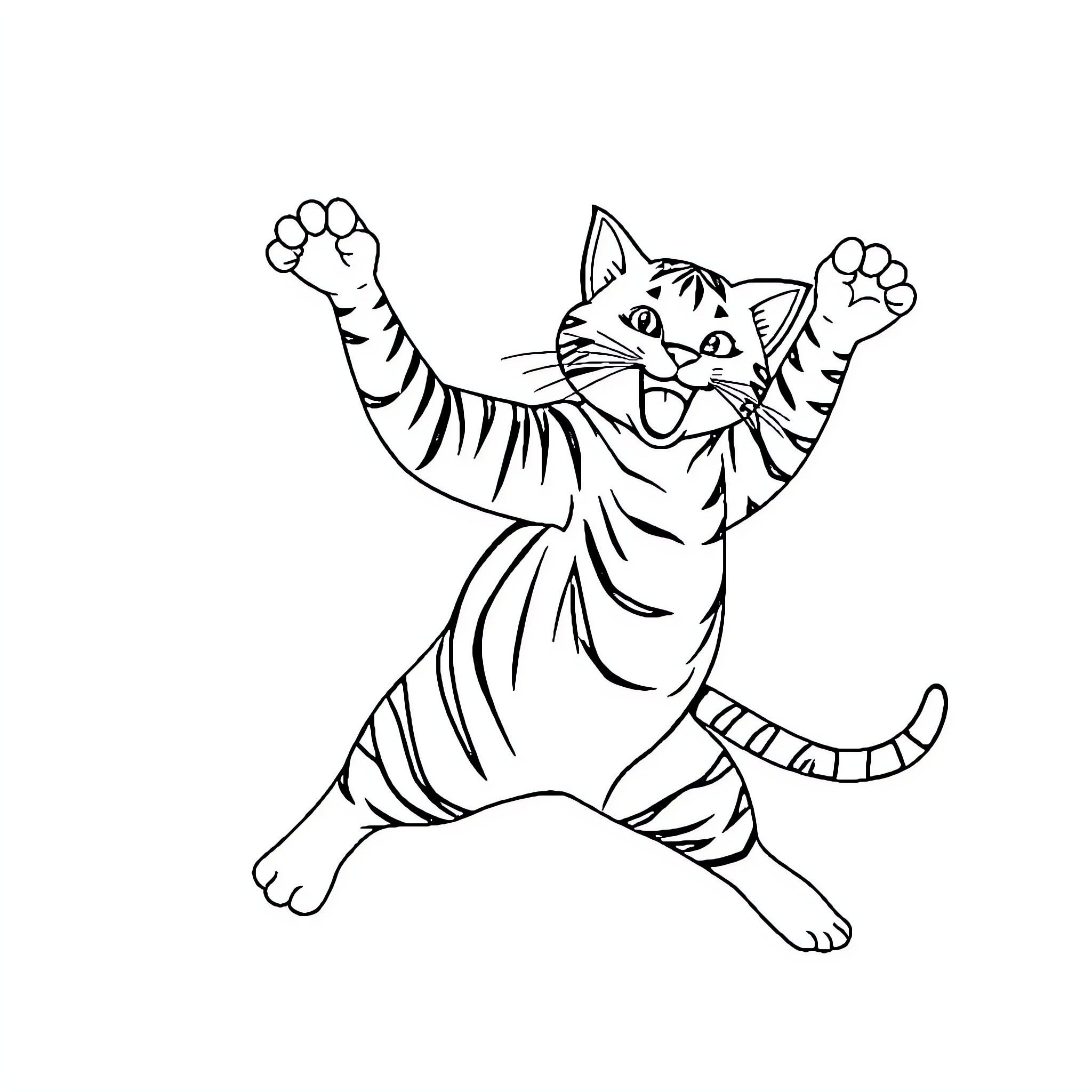 Cat playing excitedly with raised paws Coloring Page (free black-and-white line drawing printable PDF for all, from beginners to advanced learners, including children, teens, adults, and seniors)