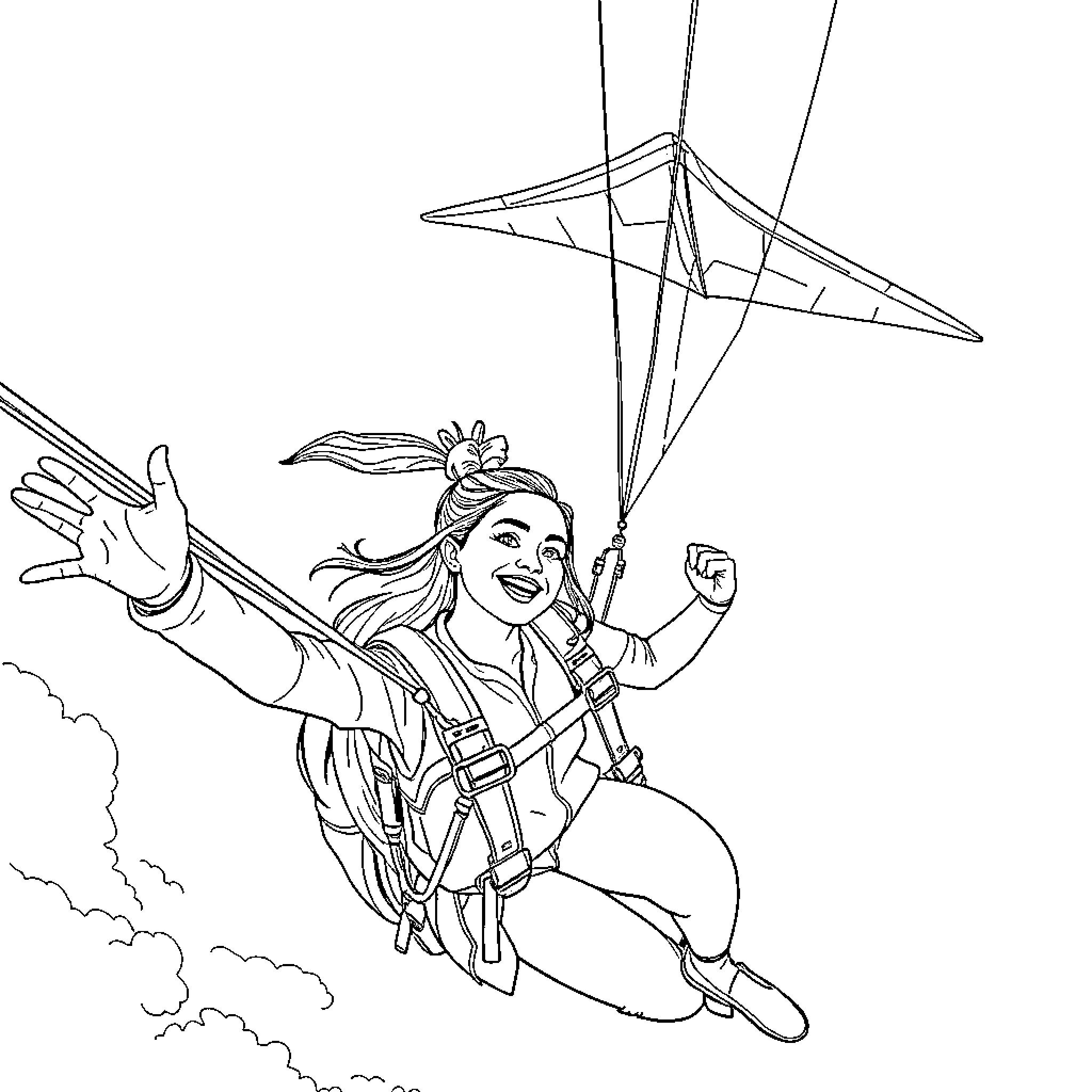 Ariana Grande flying with kite in the sky Coloring Page (free black-and-white line drawing printable PDF for all, from beginners to advanced learners, including children, teens, adults, and seniors)