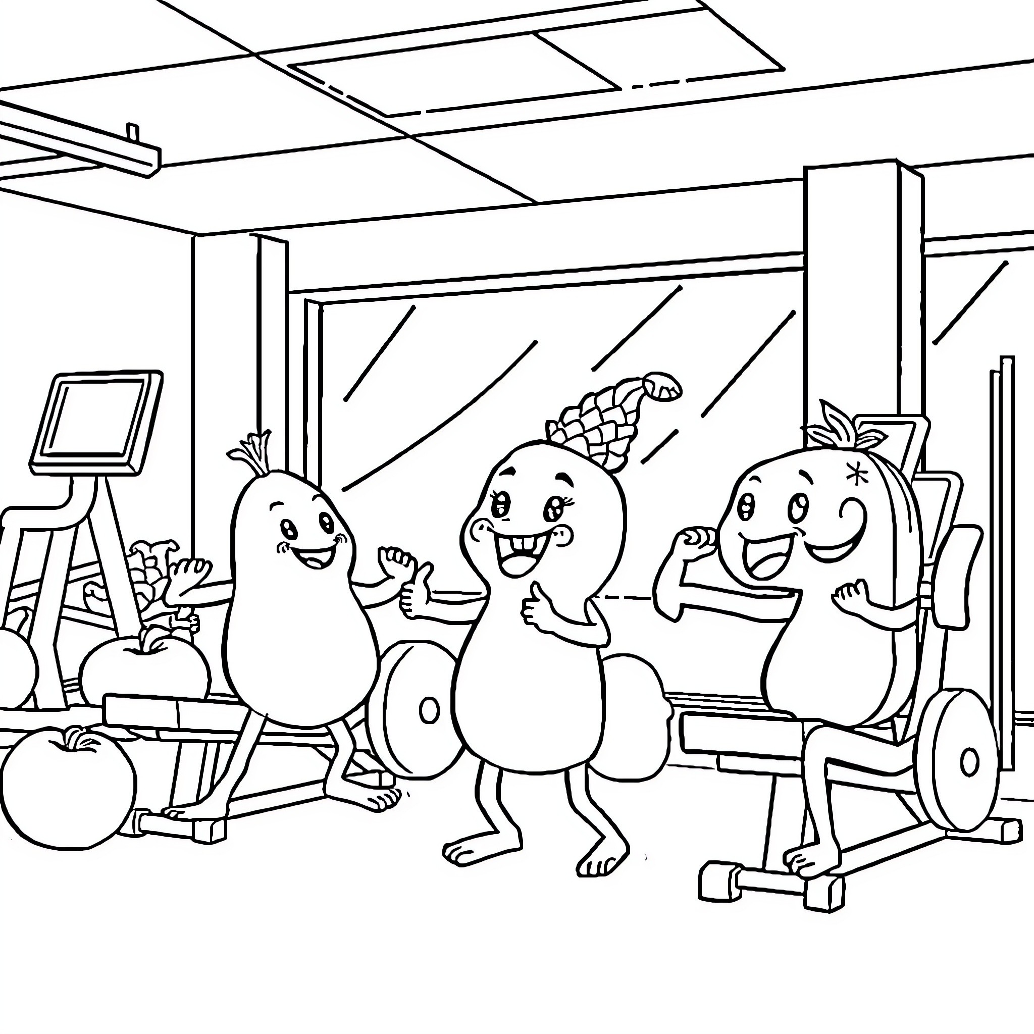 Fruit characters exercising happily in the gym Coloring Page (free black-and-white line drawing printable PDF for all, from beginners to advanced learners, including children, teens, adults, and seniors)