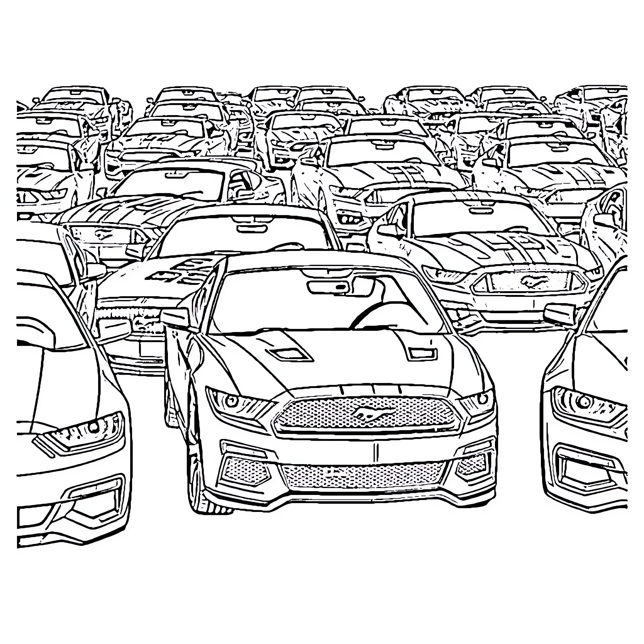 Mustang Muscle Cars Lined Up in Showroom Coloring Page (free black-and-white line drawing printable PDF for all, from beginners to advanced learners, including children, teens, adults, and seniors)