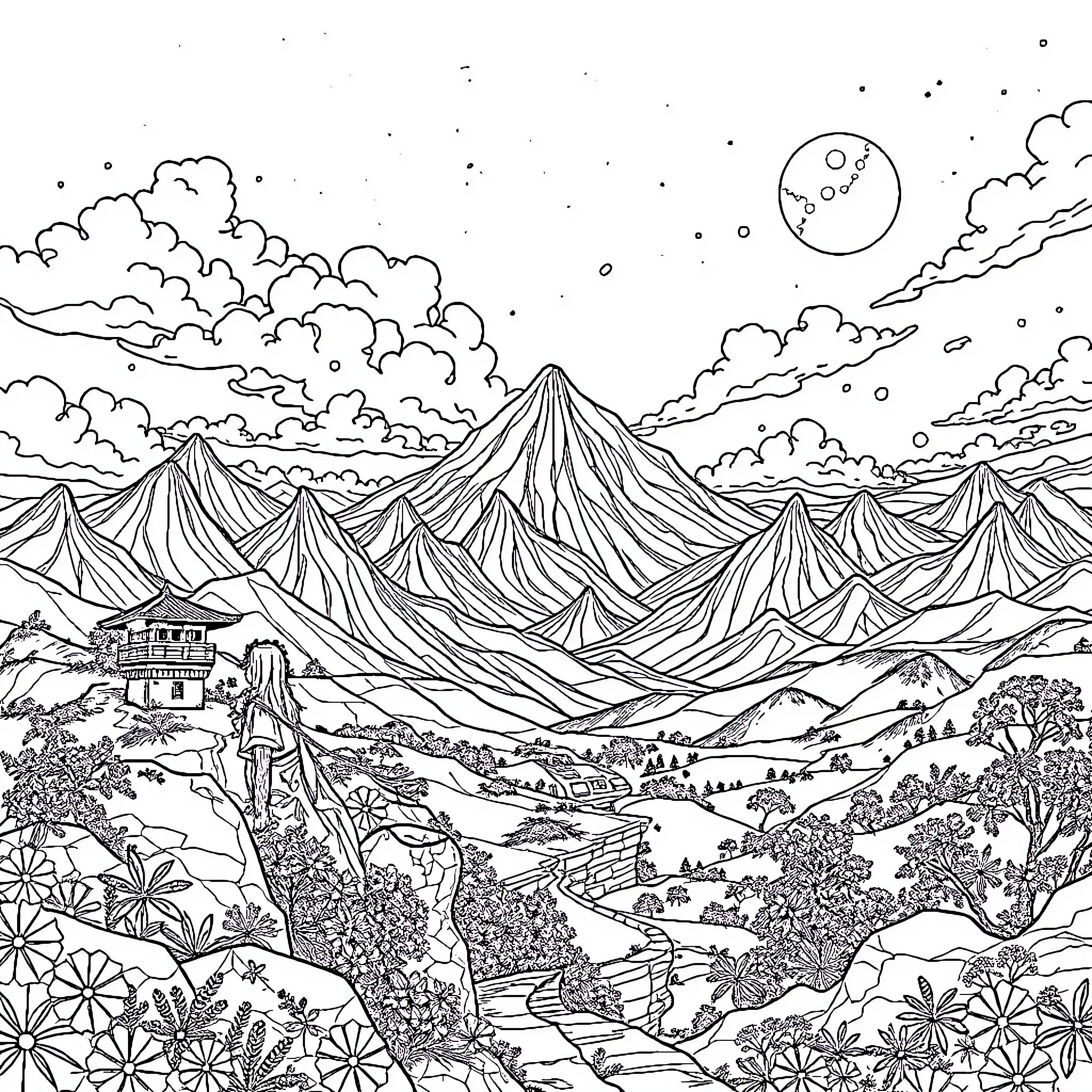 Anime Fantastical Mountainous Landscape with Village Coloring Page (free black-and-white line drawing printable PDF for all, from beginners to advanced learners, including children, teens, adults, and seniors)