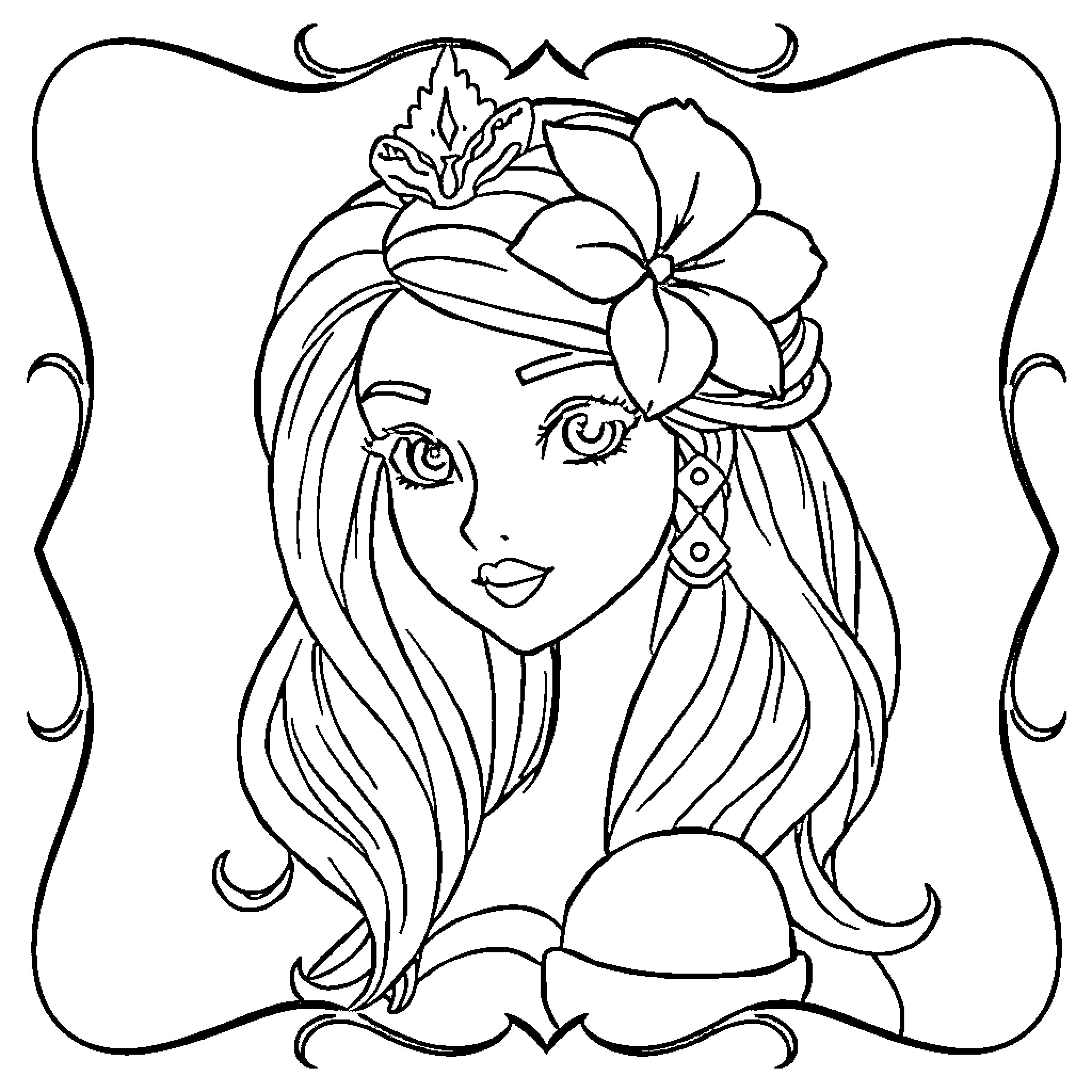 Princess with Floral Headpiece and Flowers Coloring Page (free black-and-white line drawing printable PDF for all, from beginners to advanced learners, including children, teens, adults, and seniors)