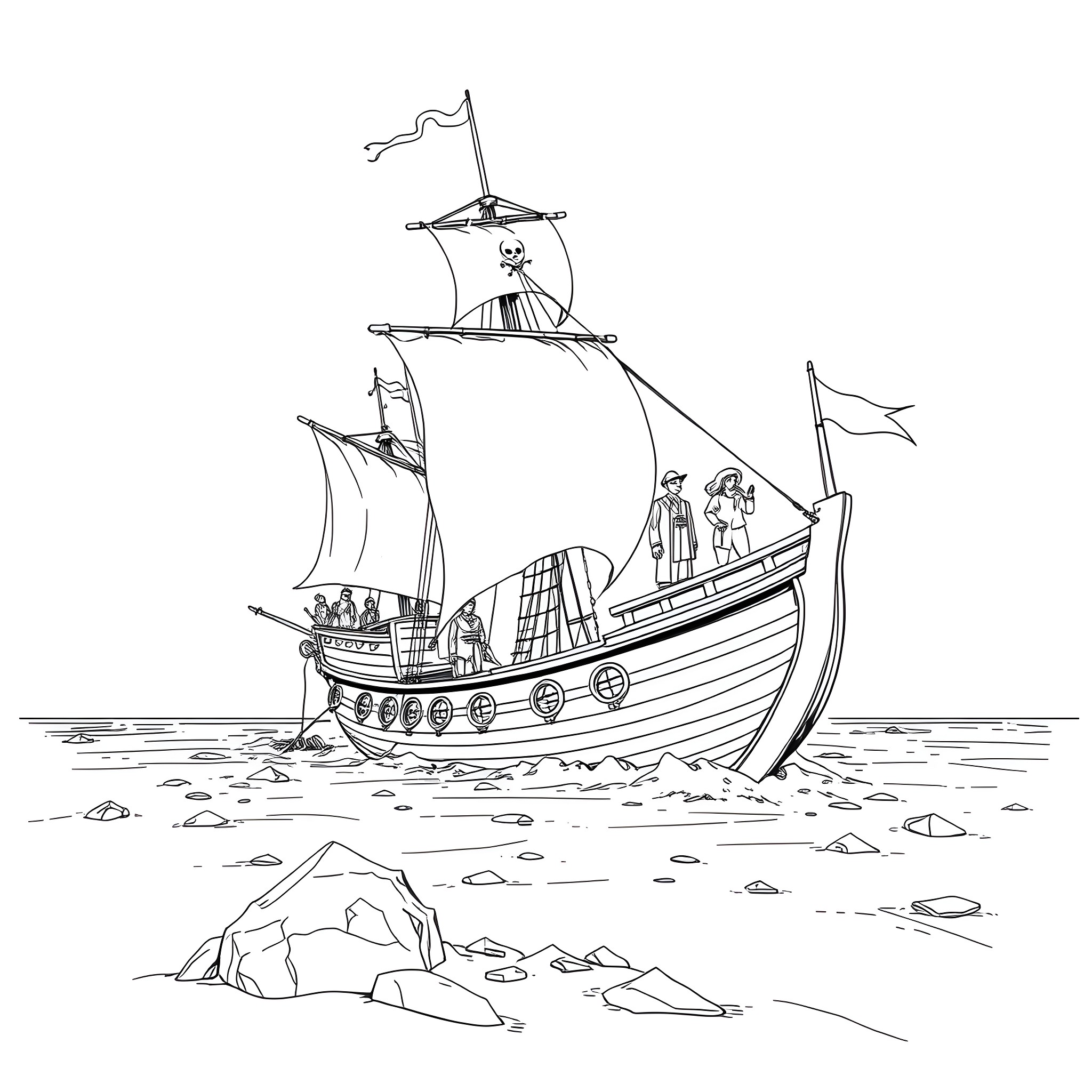 Pirate Ship Sailing the High Seas Coloring Page (free black-and-white line drawing printable PDF for all, from beginners to advanced learners, including children, teens, adults, and seniors)