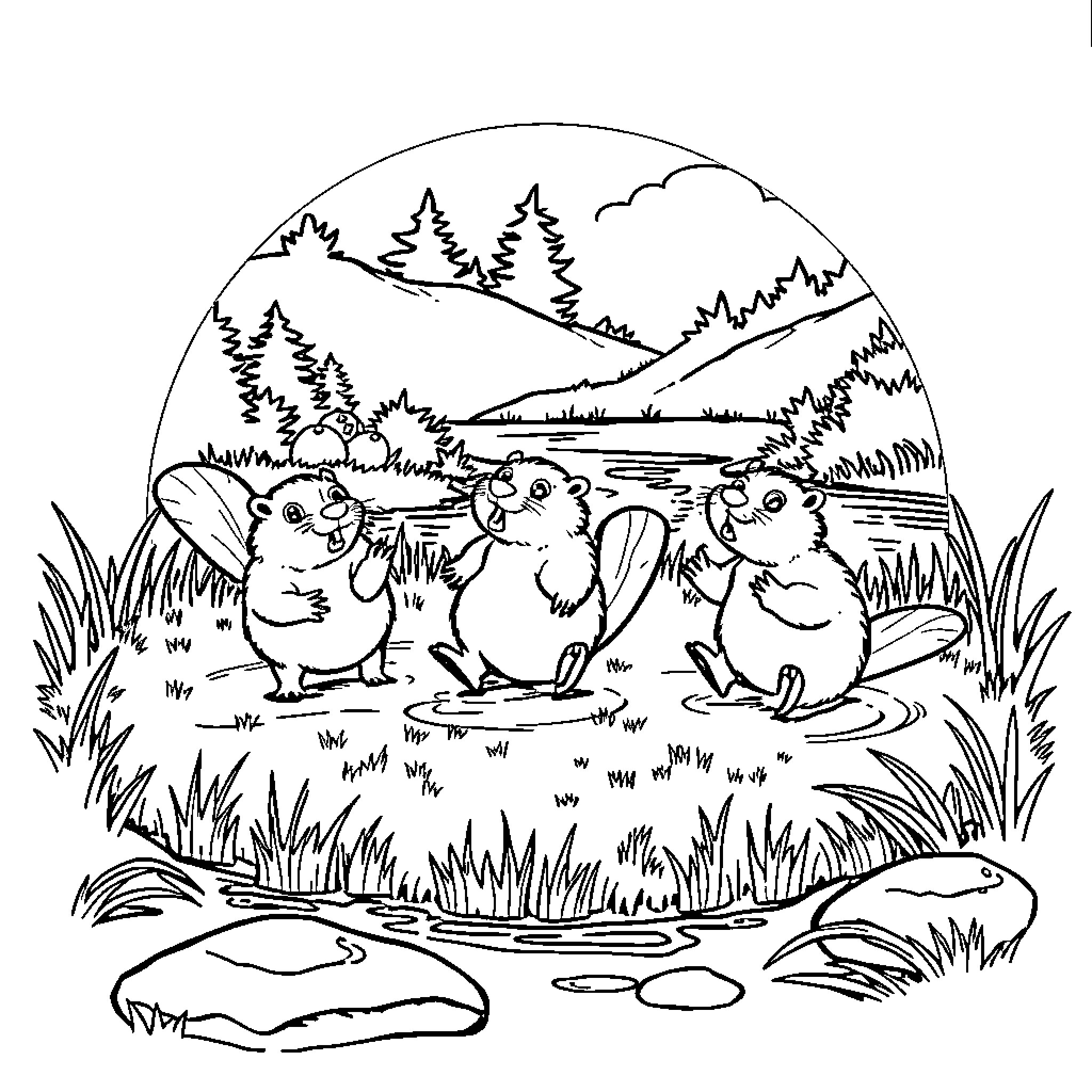Beaver family enjoying outdoor adventure Coloring Page (free black-and-white line drawing printable PDF for all, from beginners to advanced learners, including children, teens, adults, and seniors)