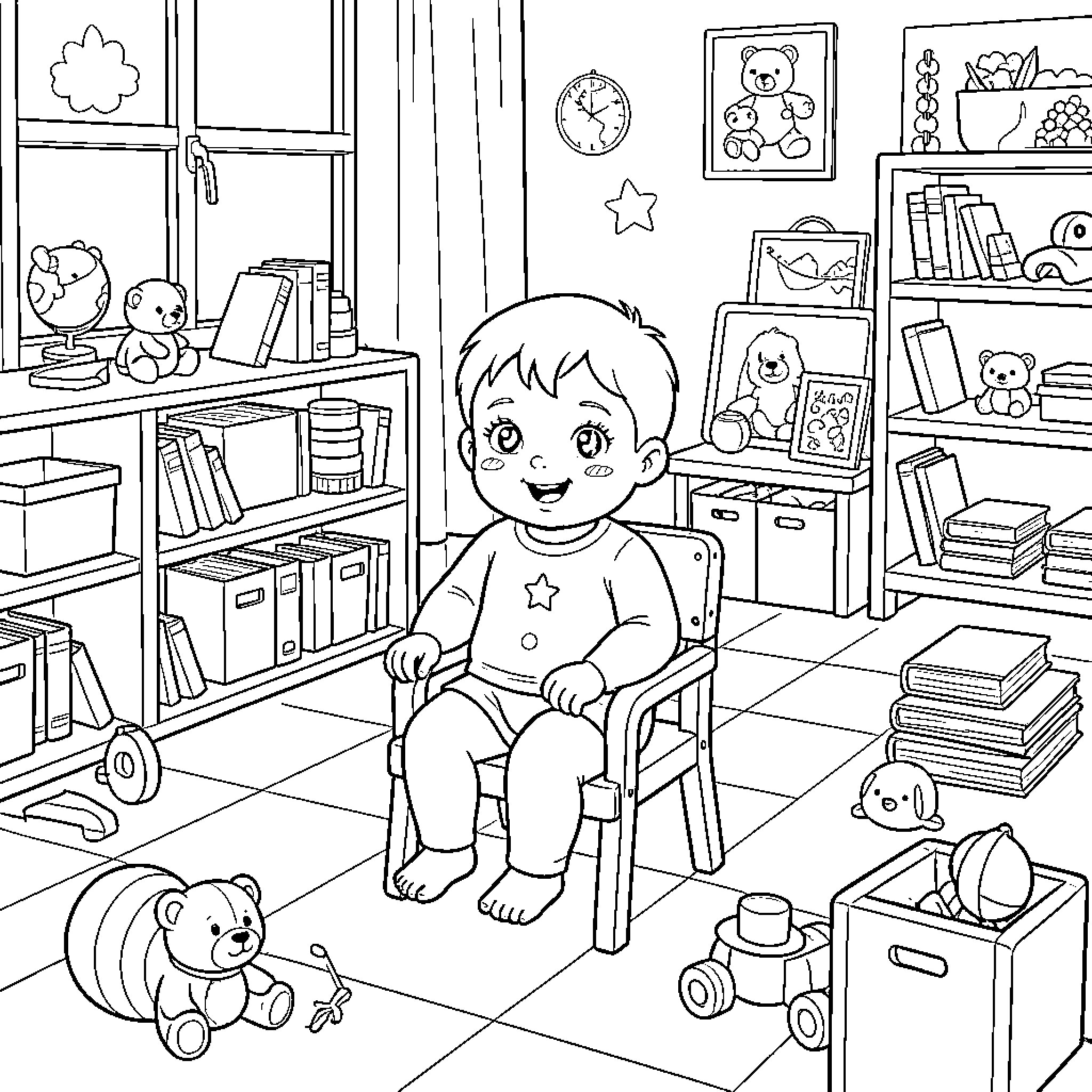 Baby sitting in a chair surrounded by toys Coloring Page (free black-and-white line drawing printable PDF for all, from beginners to advanced learners, including children, teens, adults, and seniors)