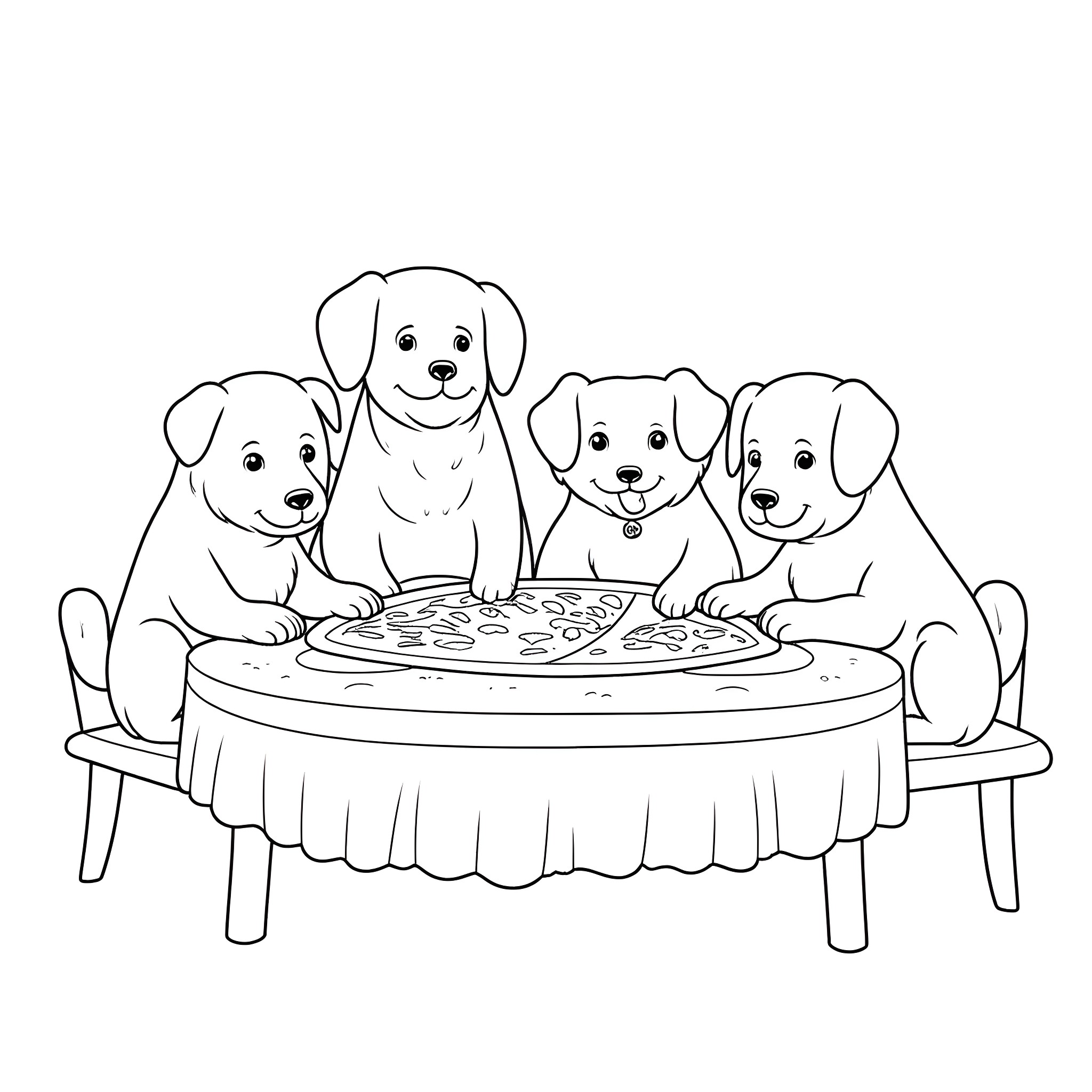 Dogs enjoying a delicious meal together Coloring Page (free black-and-white line drawing printable PDF for all, from beginners to advanced learners, including children, teens, adults, and seniors)