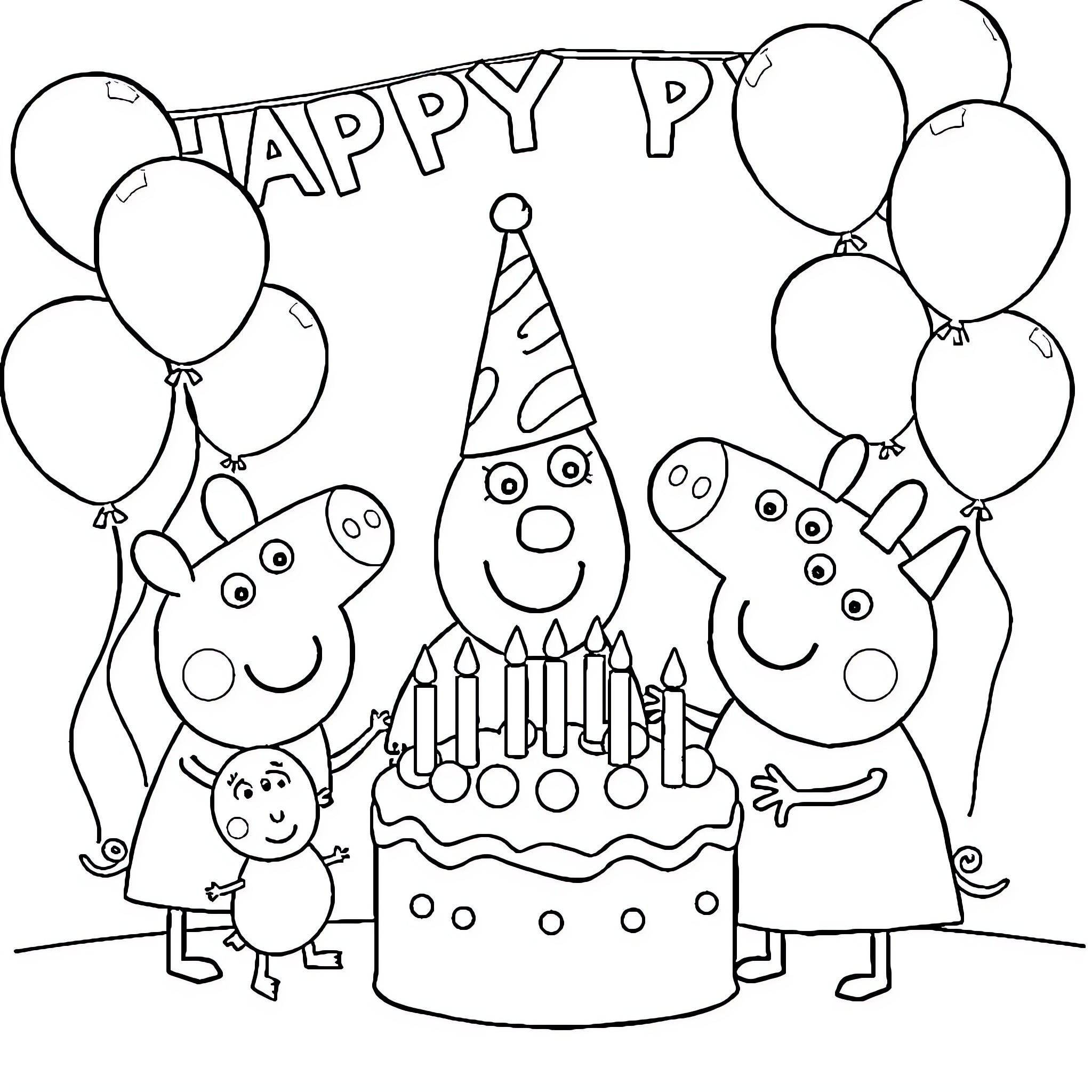 Peppa Pig and friends celebrate a happy party Coloring Page (free black-and-white line drawing printable PDF for all, from beginners to advanced learners, including children, teens, adults, and seniors)