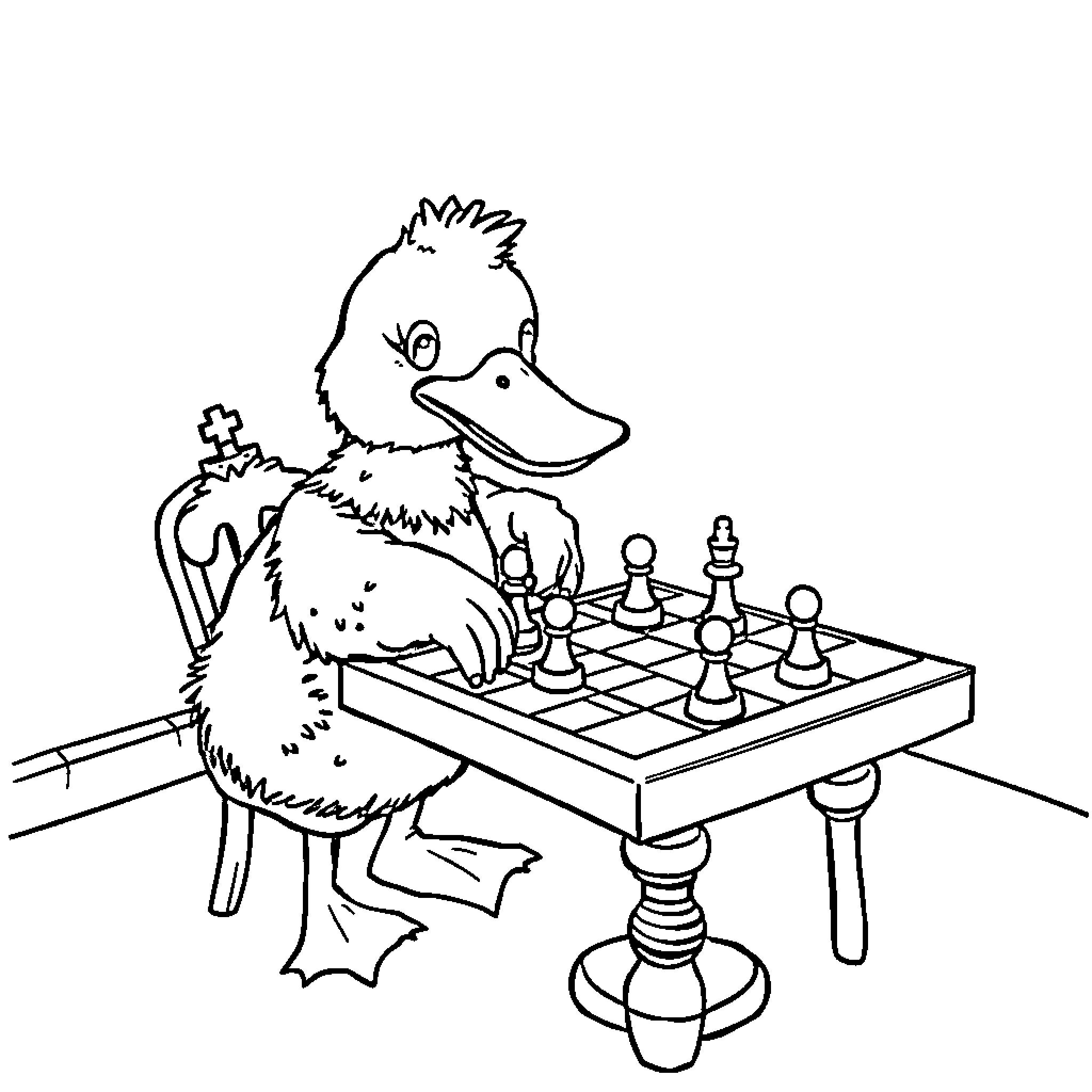 Duck playing strategic chess game Coloring Page (free black-and-white line drawing printable PDF for all, from beginners to advanced learners, including children, teens, adults, and seniors)