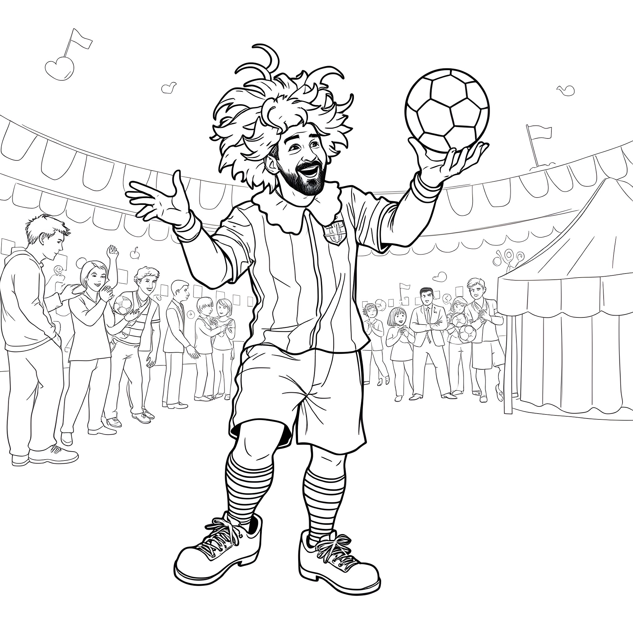 Messi celebrates with a soccer ball in a stadium Coloring Page (free black-and-white line drawing printable PDF for all, from beginners to advanced learners, including children, teens, adults, and seniors)