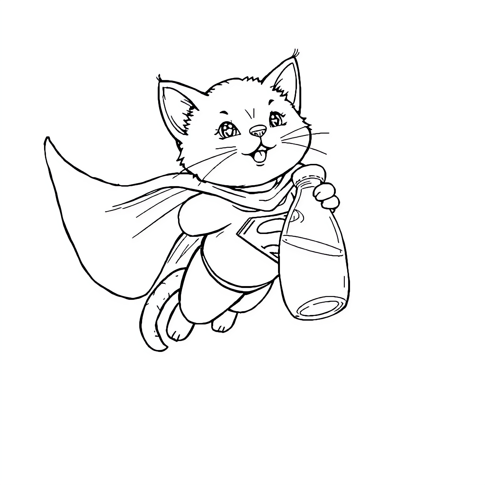 Cat with a superhero cape holding a tool Coloring Page (free black-and-white line drawing printable PDF for all, from beginners to advanced learners, including children, teens, adults, and seniors)