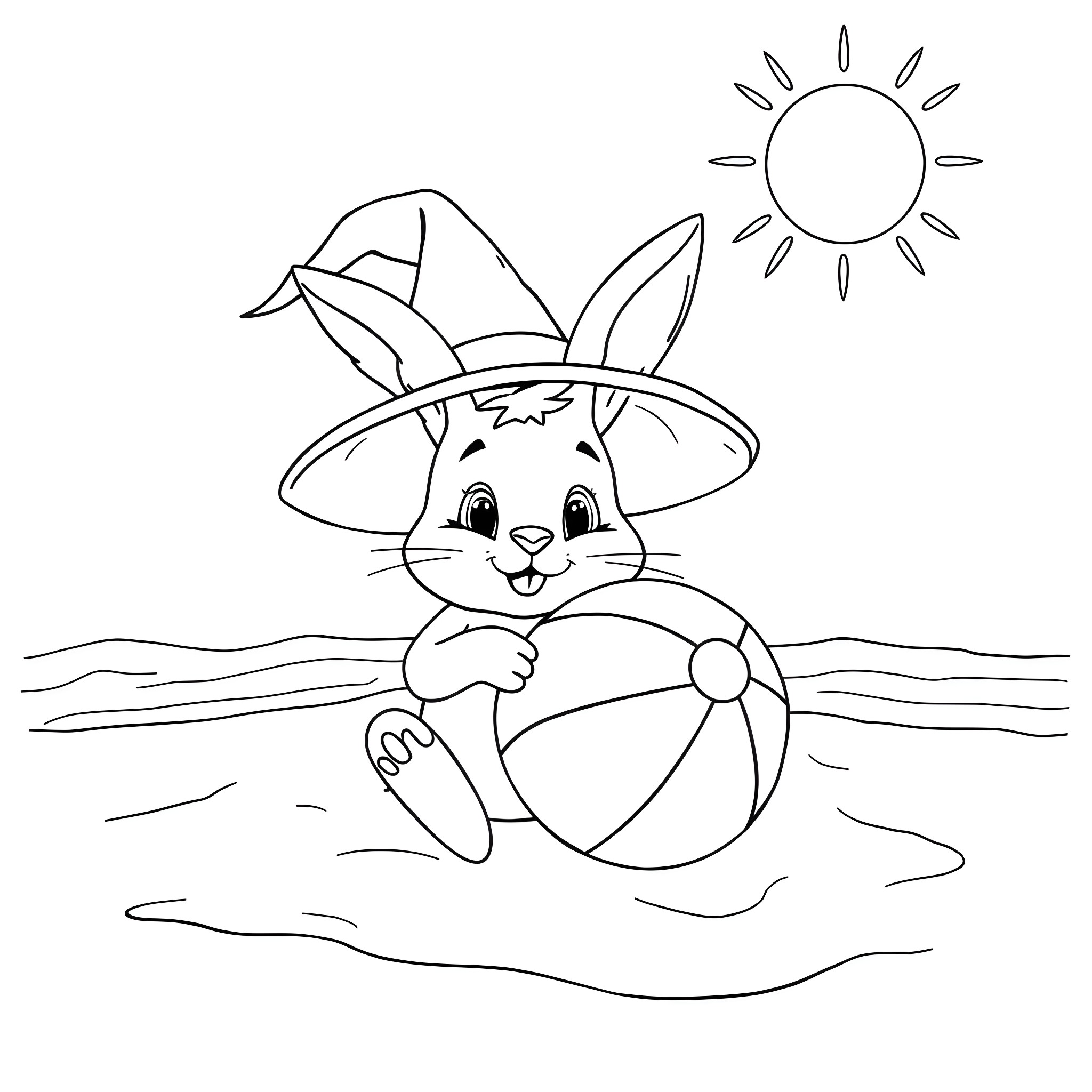 Bunny playing with beach ball under the sun Coloring Page (free black-and-white line drawing printable PDF for all, from beginners to advanced learners, including children, teens, adults, and seniors)