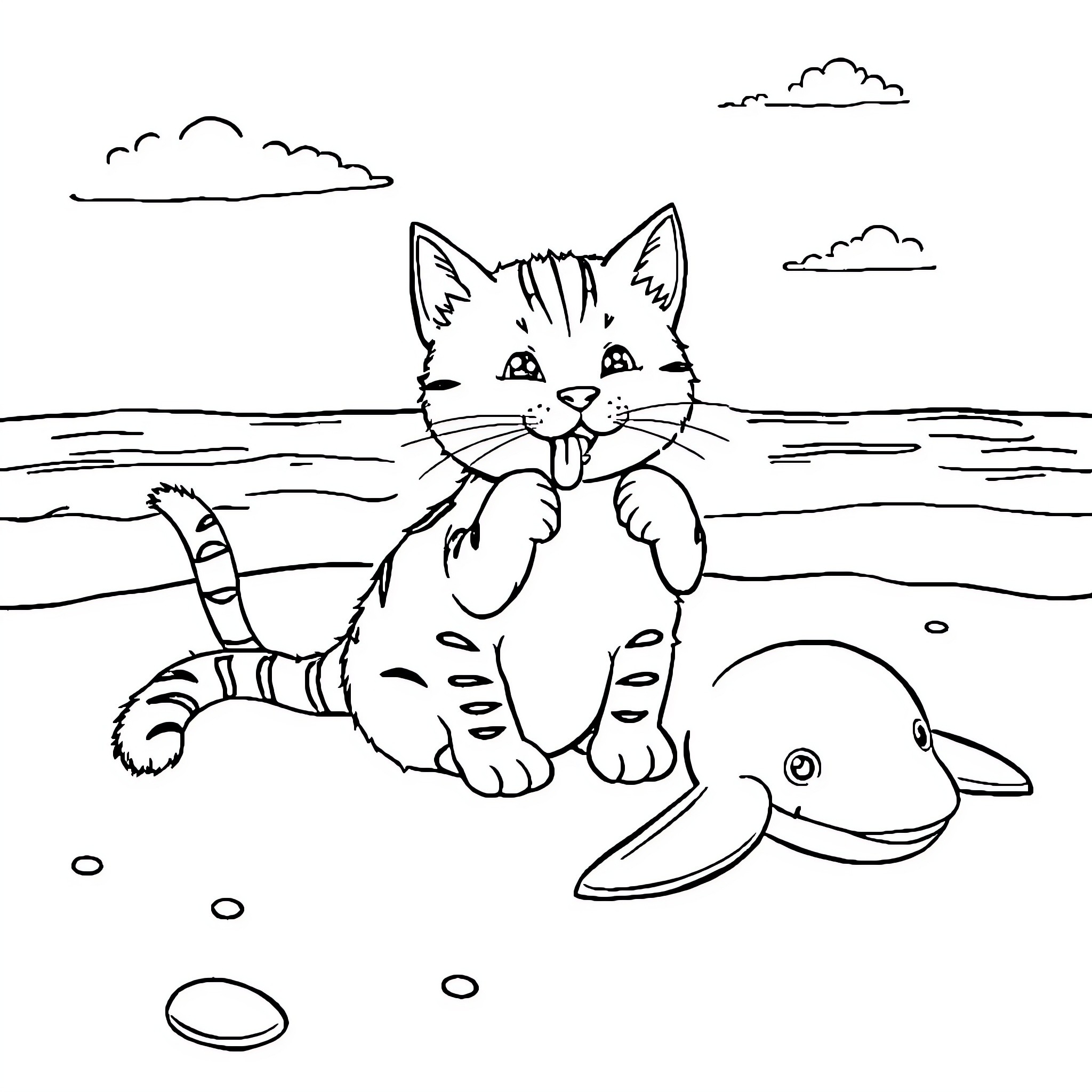 Chat with Playful Kitten by the Sea Coloring Page (free black-and-white line drawing printable PDF for all, from beginners to advanced learners, including children, teens, adults, and seniors)