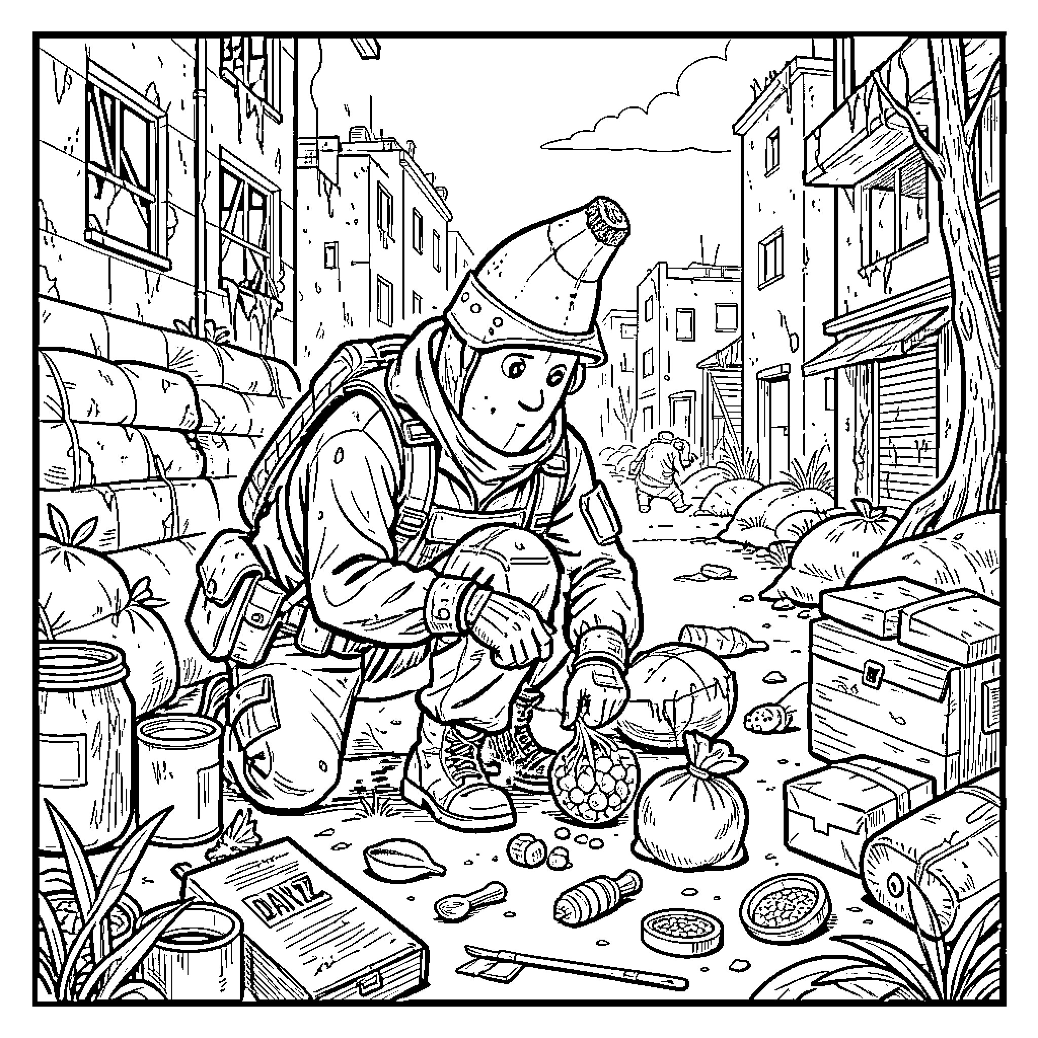 BananaZ Foraging Survivor in Ruined City Coloring Page (free black-and-white line drawing printable PDF for all, from beginners to advanced learners, including children, teens, adults, and seniors)