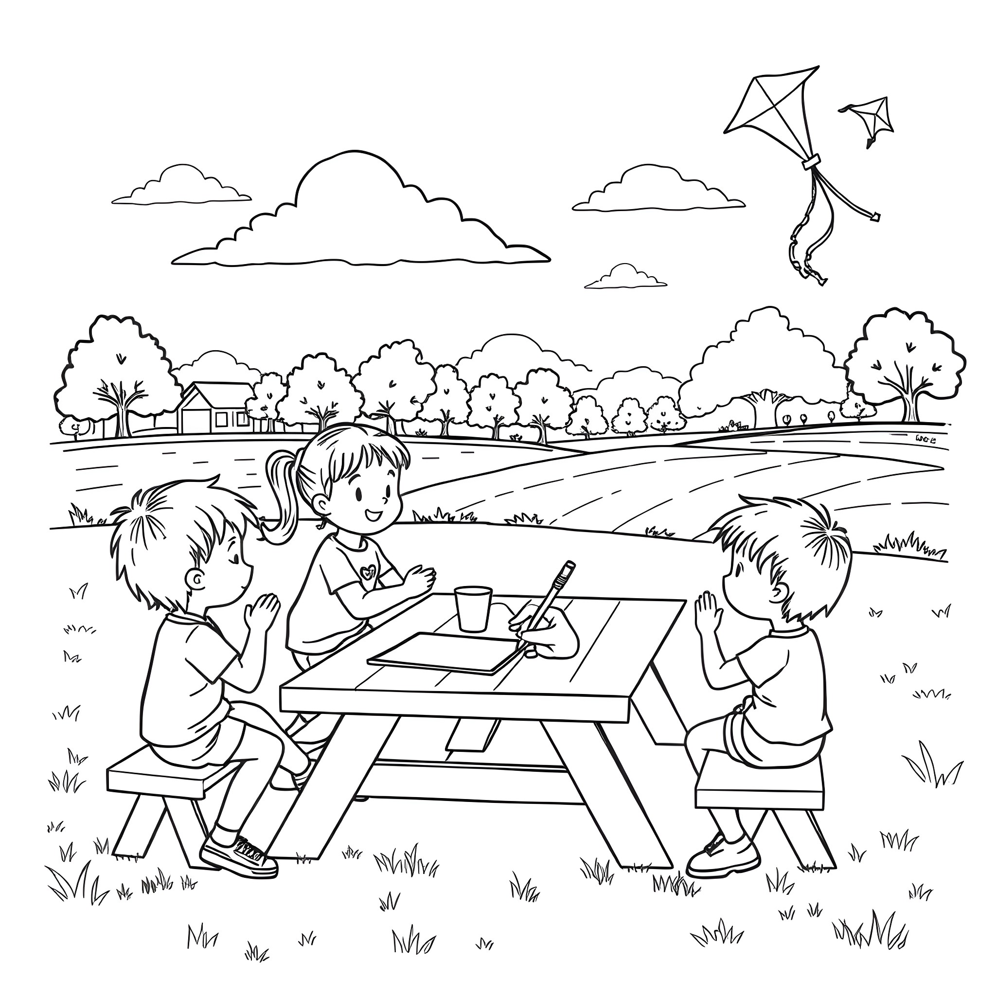 Kids enjoying picnic and playing with kite in nature Coloring Page (free black-and-white line drawing printable PDF for all, from beginners to advanced learners, including children, teens, adults, and seniors)