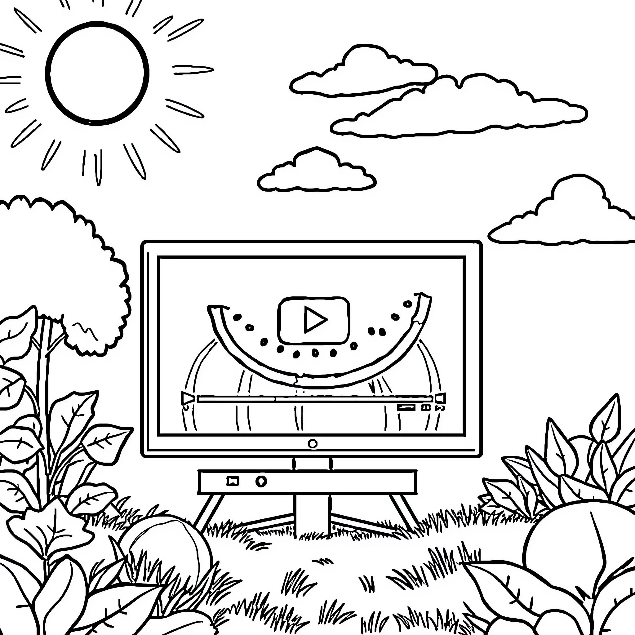 Sunny outdoor video entertainment Coloring Page (free black-and-white line drawing printable PDF for all, from beginners to advanced learners, including children, teens, adults, and seniors)